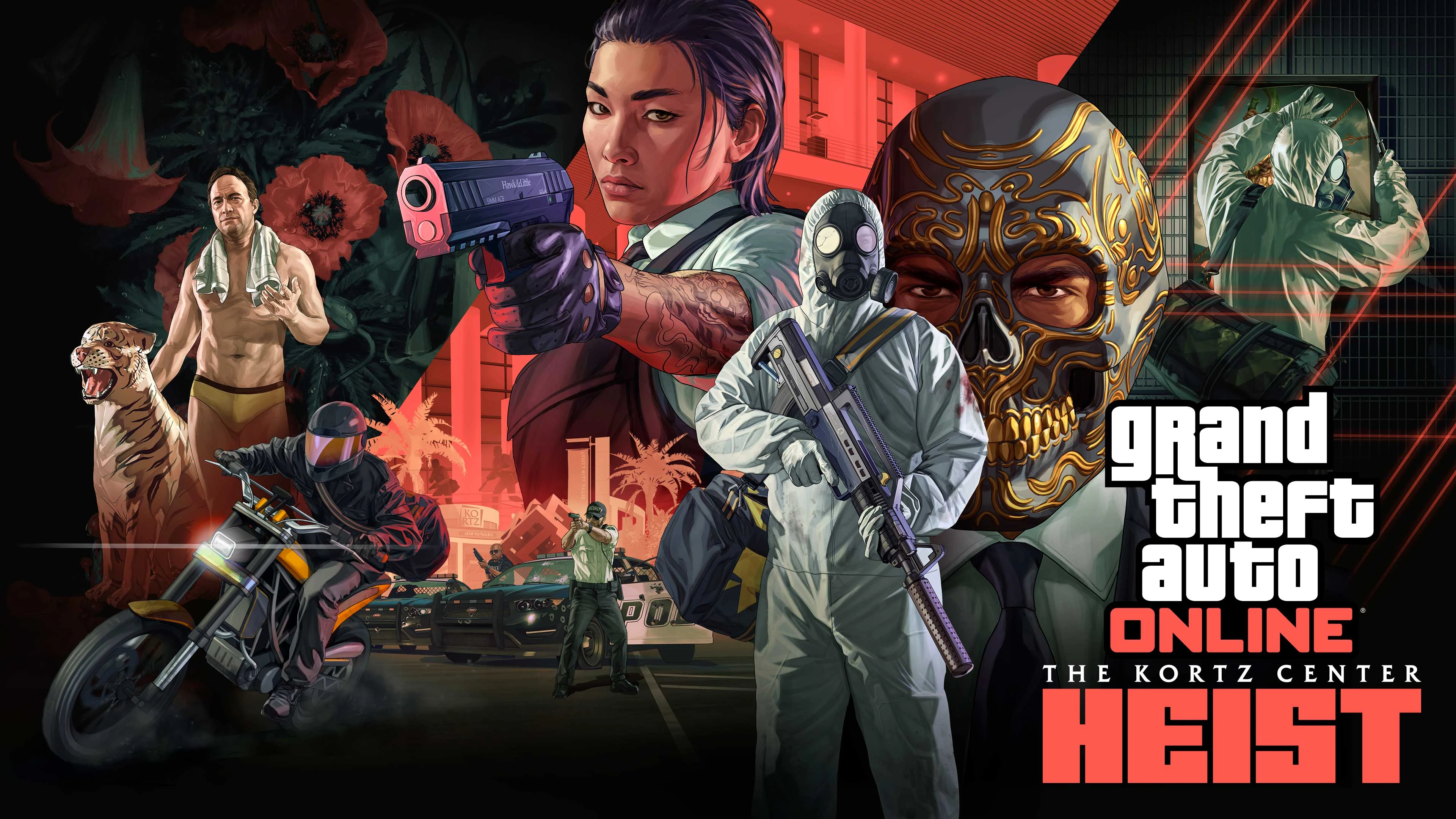 A GTA Online character stands centered in official Kortz Center Heist artwork.