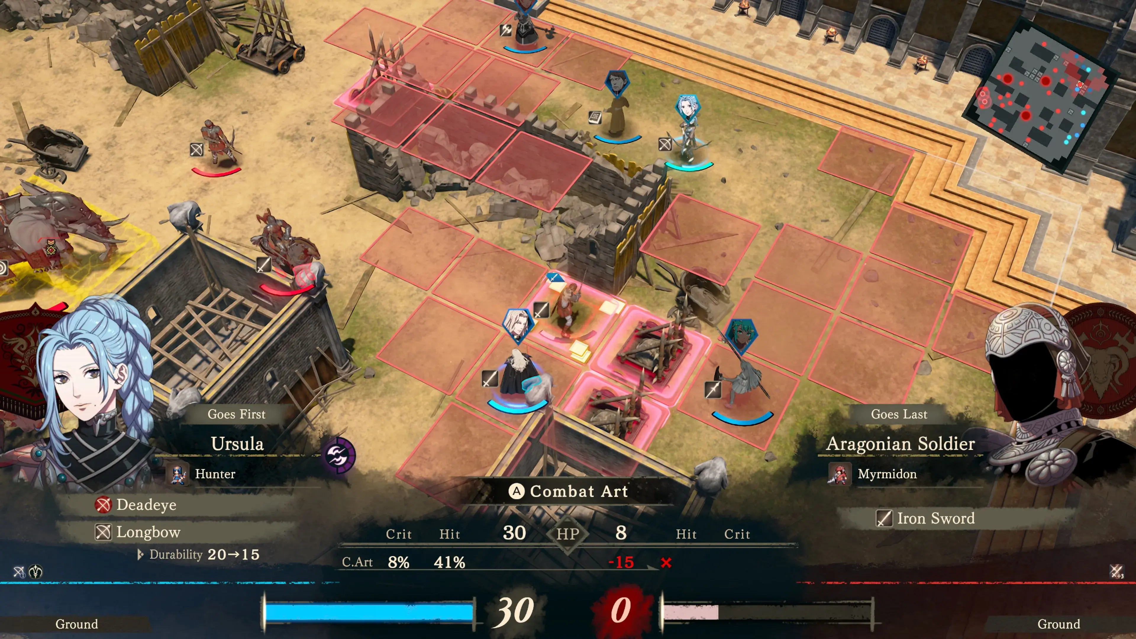 Ursula selects the Deadeye bow art, with durability and hit chance displayed.