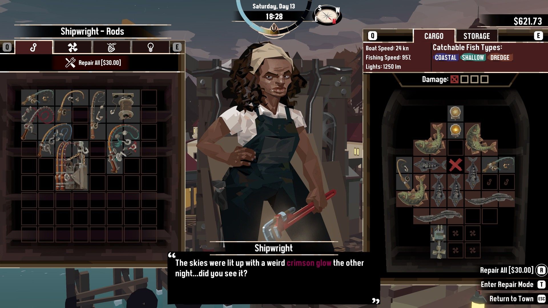 The Shipwright’s rods and repair screen sits beside the cargo and storage grids.