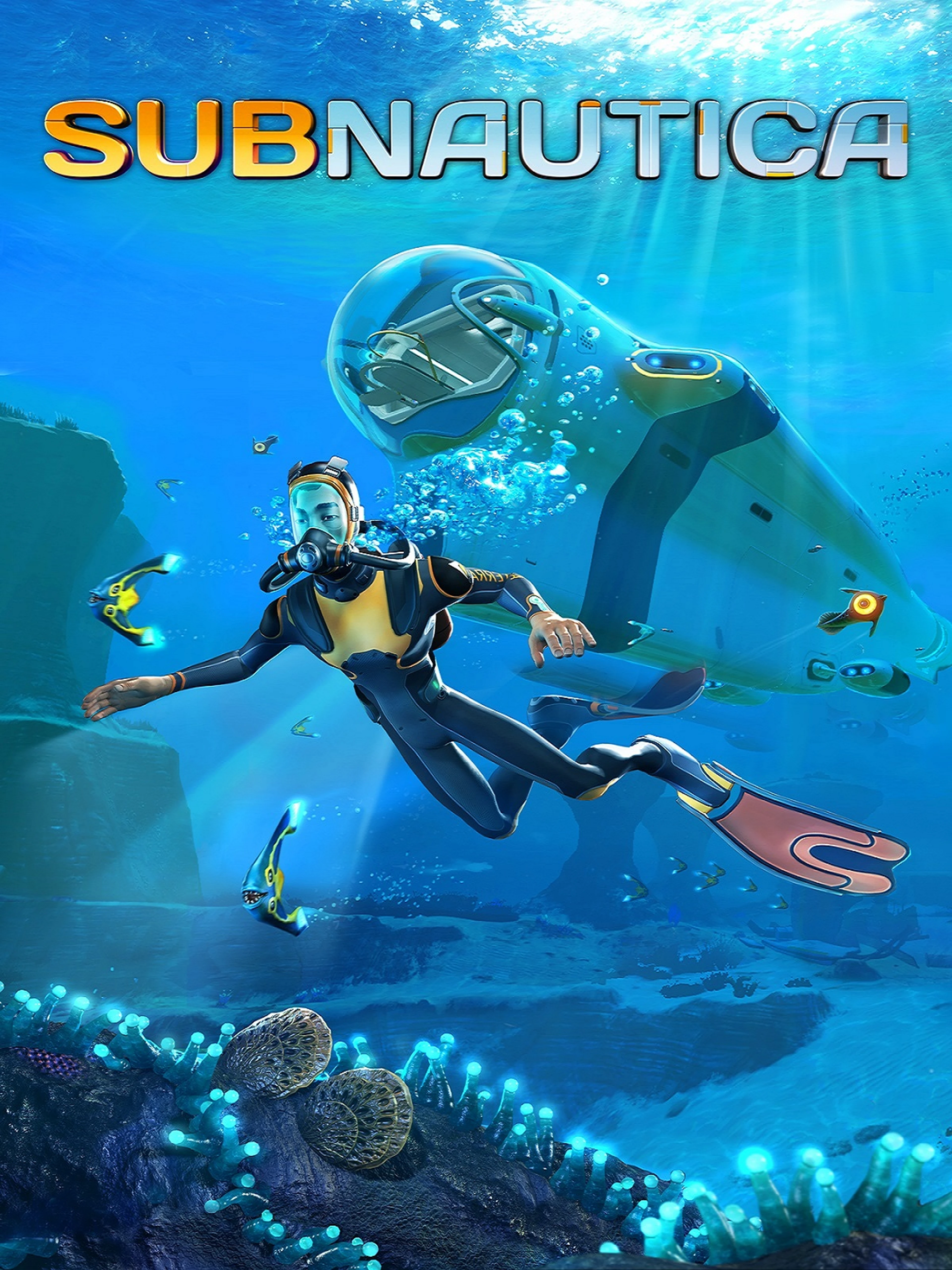 Official Subnautica cover with the native title above a diver and a small submarine in blue water.