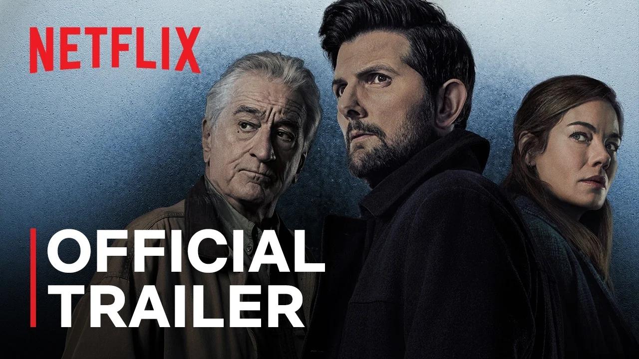 The official Netflix trailer image shows Robert De Niro, Adam Scott, and Michelle Monaghan in The Whisper Man.