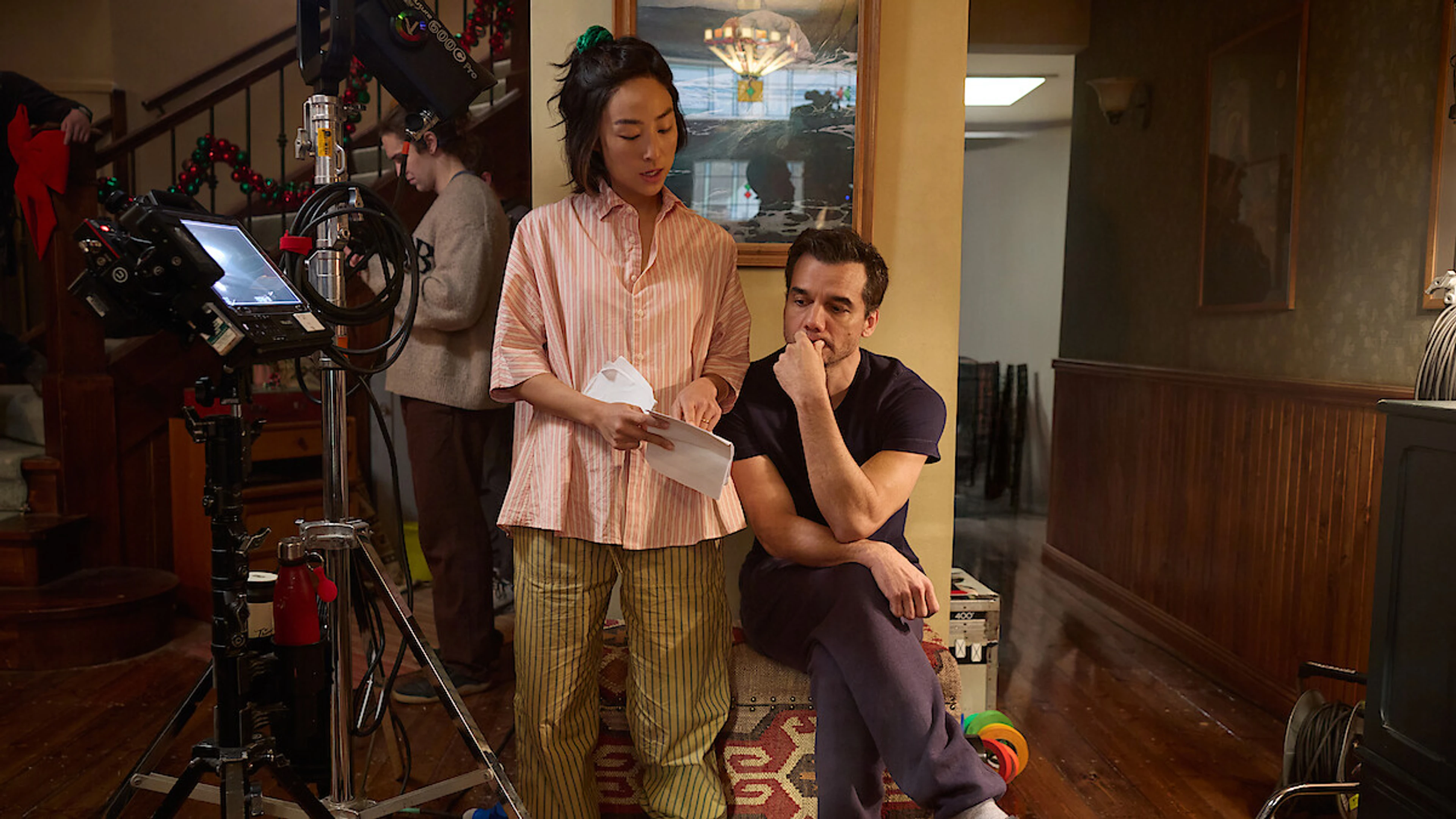Greta Lee and Wagner Moura on the set of The Last House.