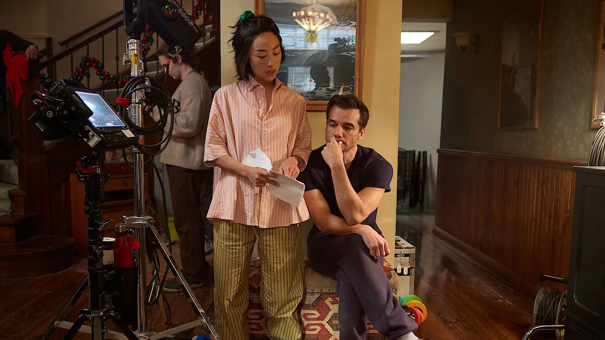Greta Lee and Wagner Moura on the set of The Last House.