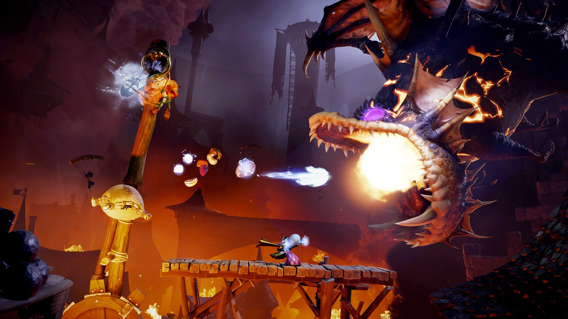 Rayman fires a projectile at a large dragon during a fiery gameplay sequence in Rayman Legends Retold.