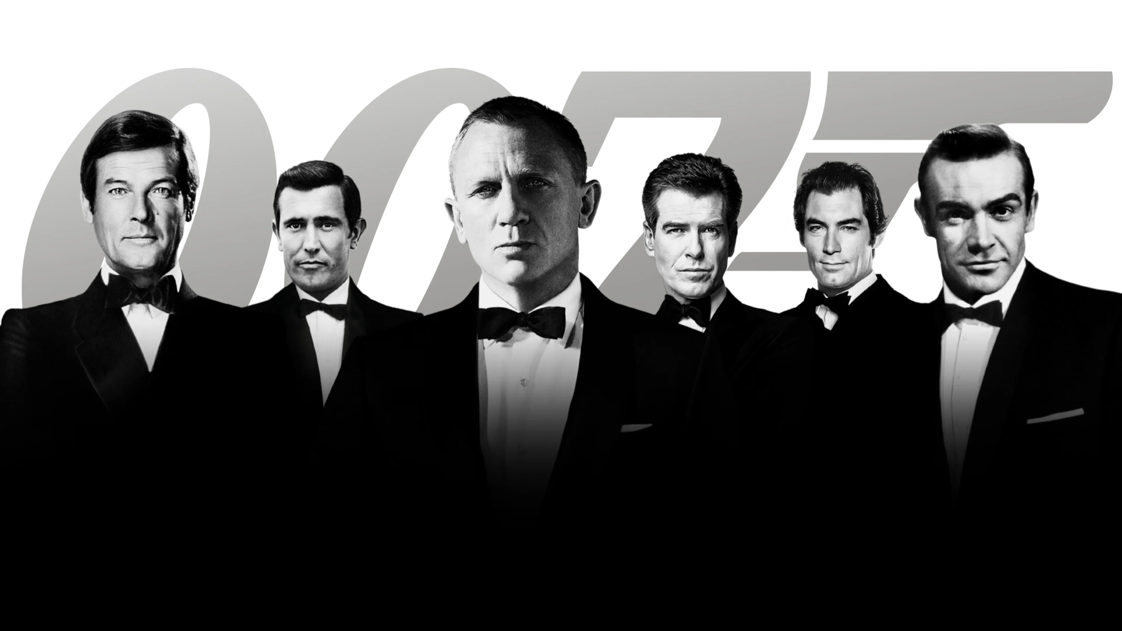 Six previous James Bond actors appear in tuxedos in front of a large 007 logo.