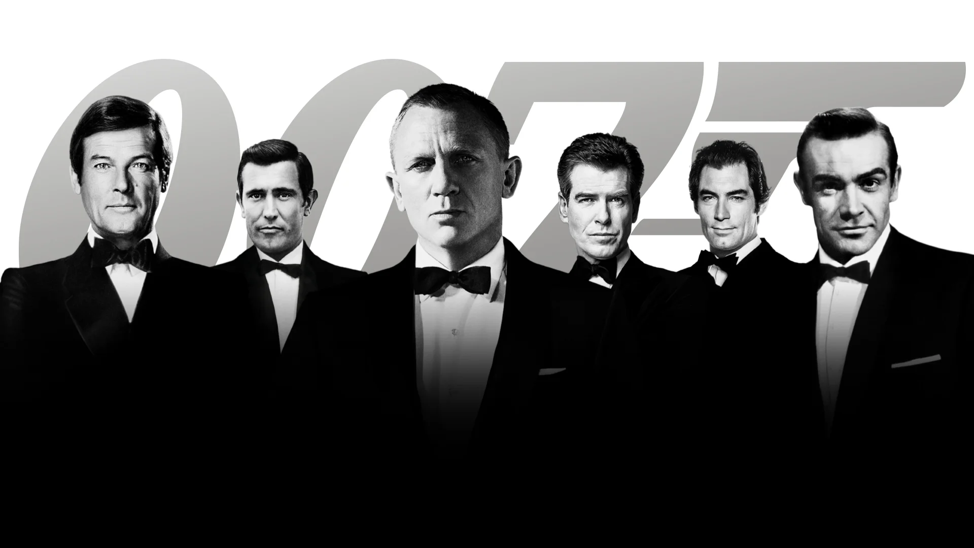 Six previous James Bond actors appear in tuxedos in front of a large 007 logo.