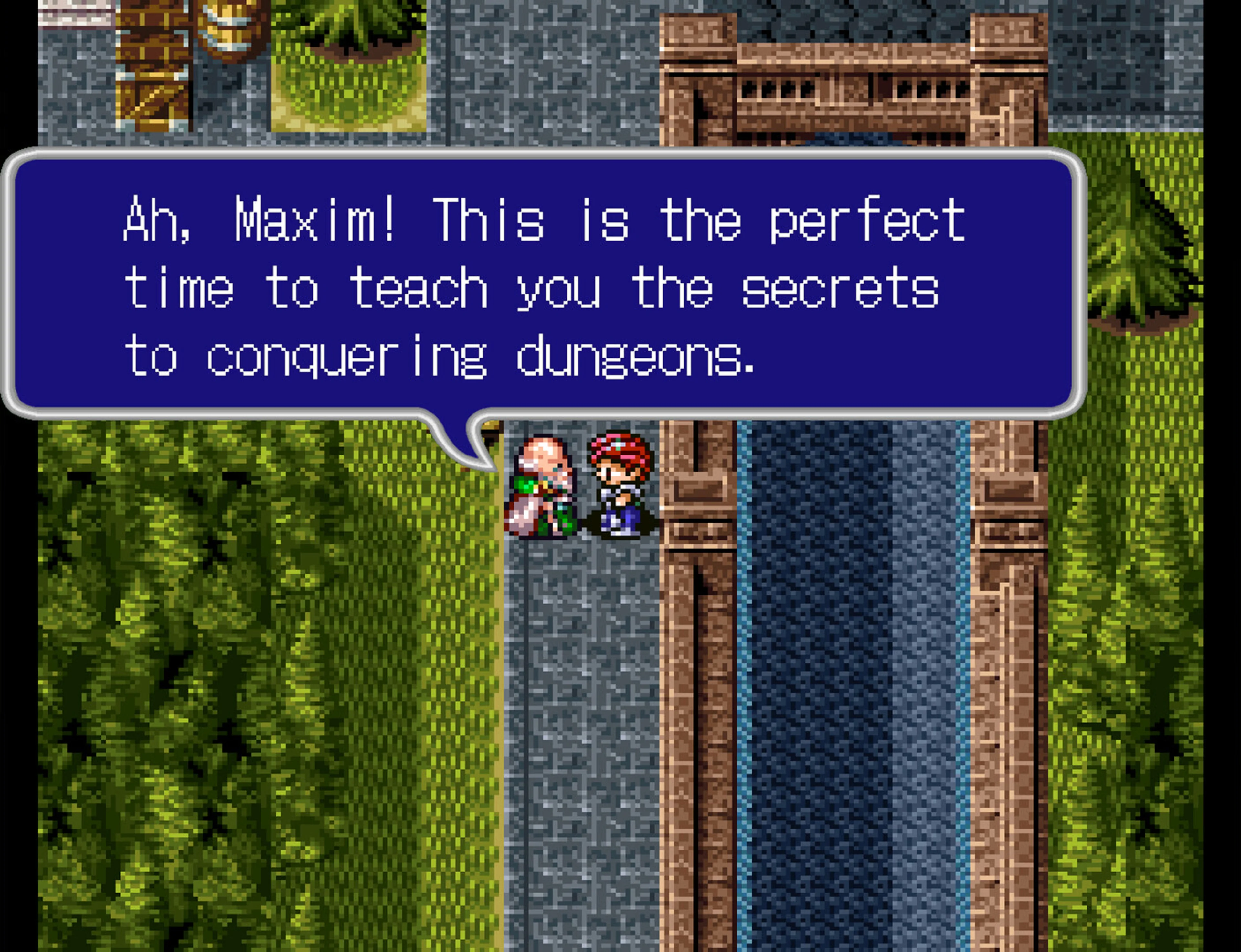Maxim receives instructions about exploring dungeons in Lufia II.