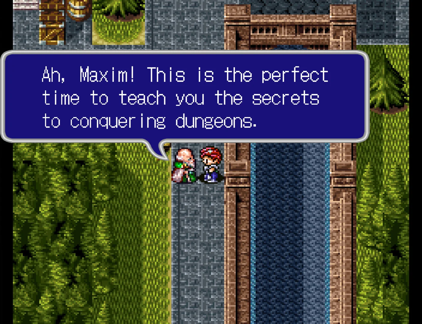Maxim receives instructions about exploring dungeons in Lufia II.