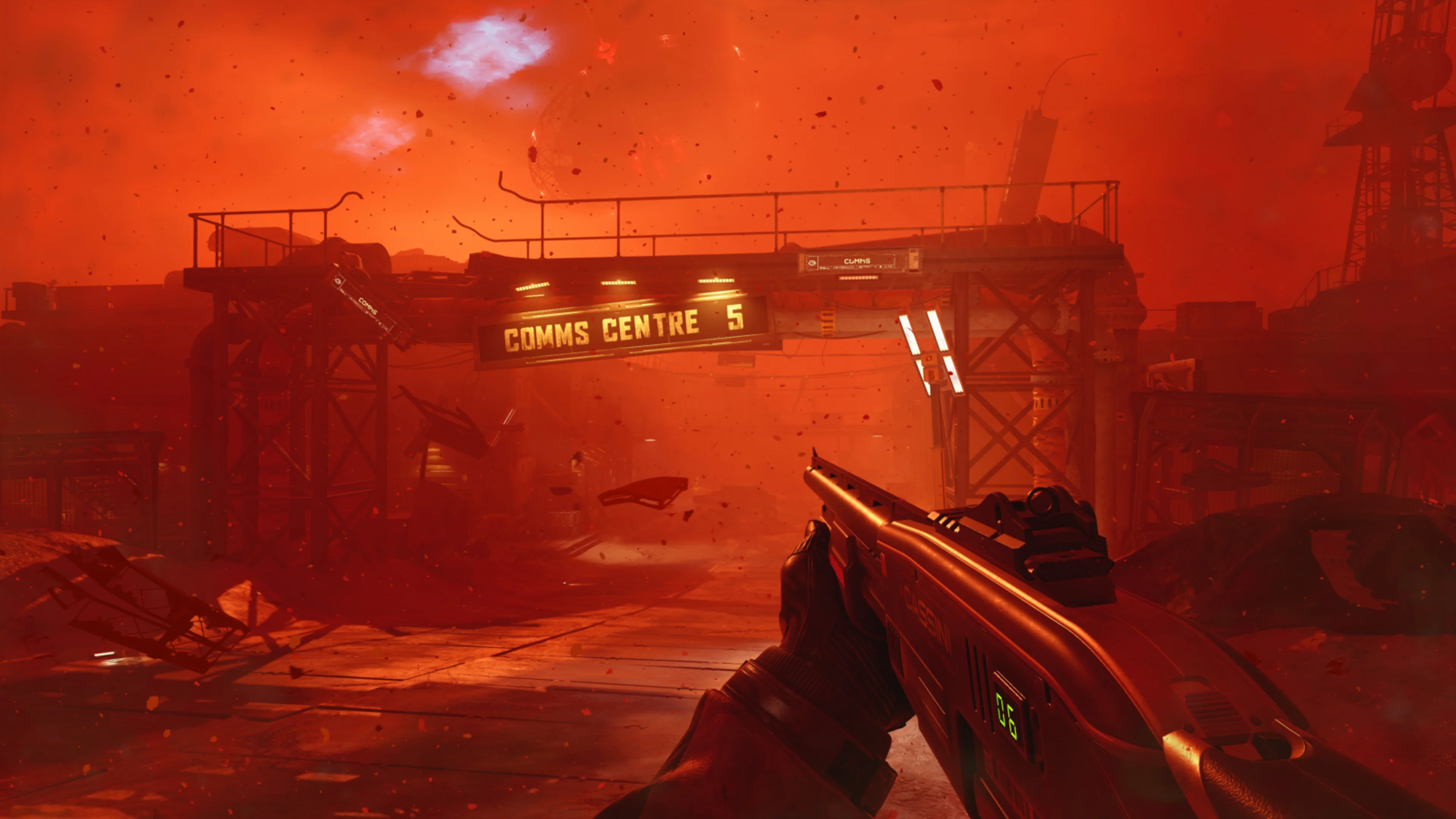 The red mega-storm tears through the mining colony outside Comms Centre 5 in Alien Deathstorm.
