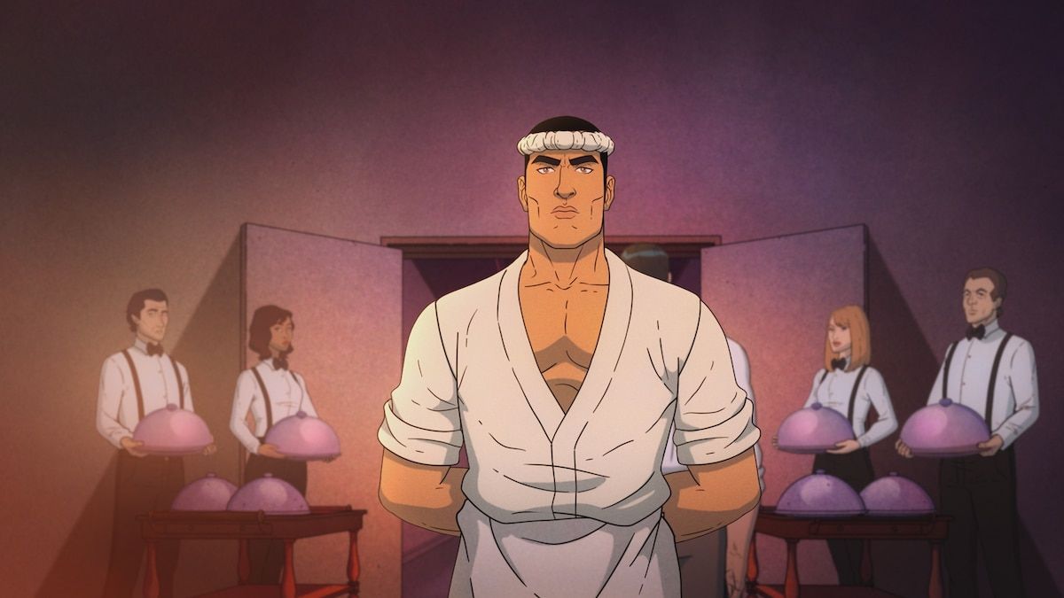 Jiro stands in front of four servers holding covered trays.