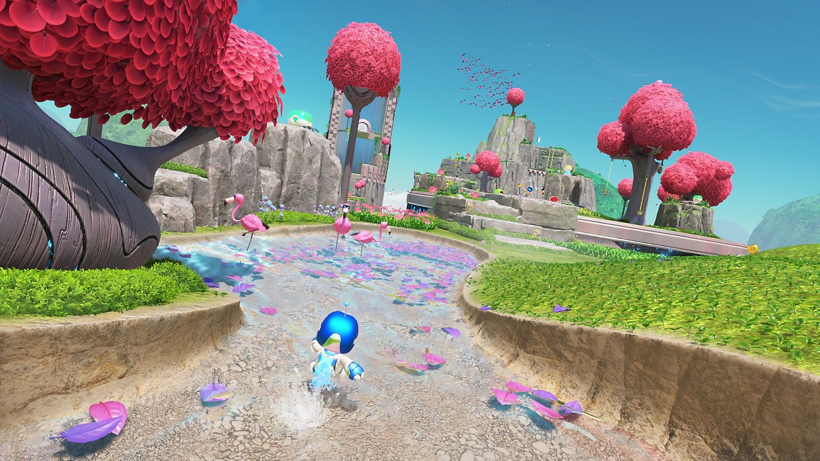 Astro runs toward a bright area with pink trees in Astro Bot.