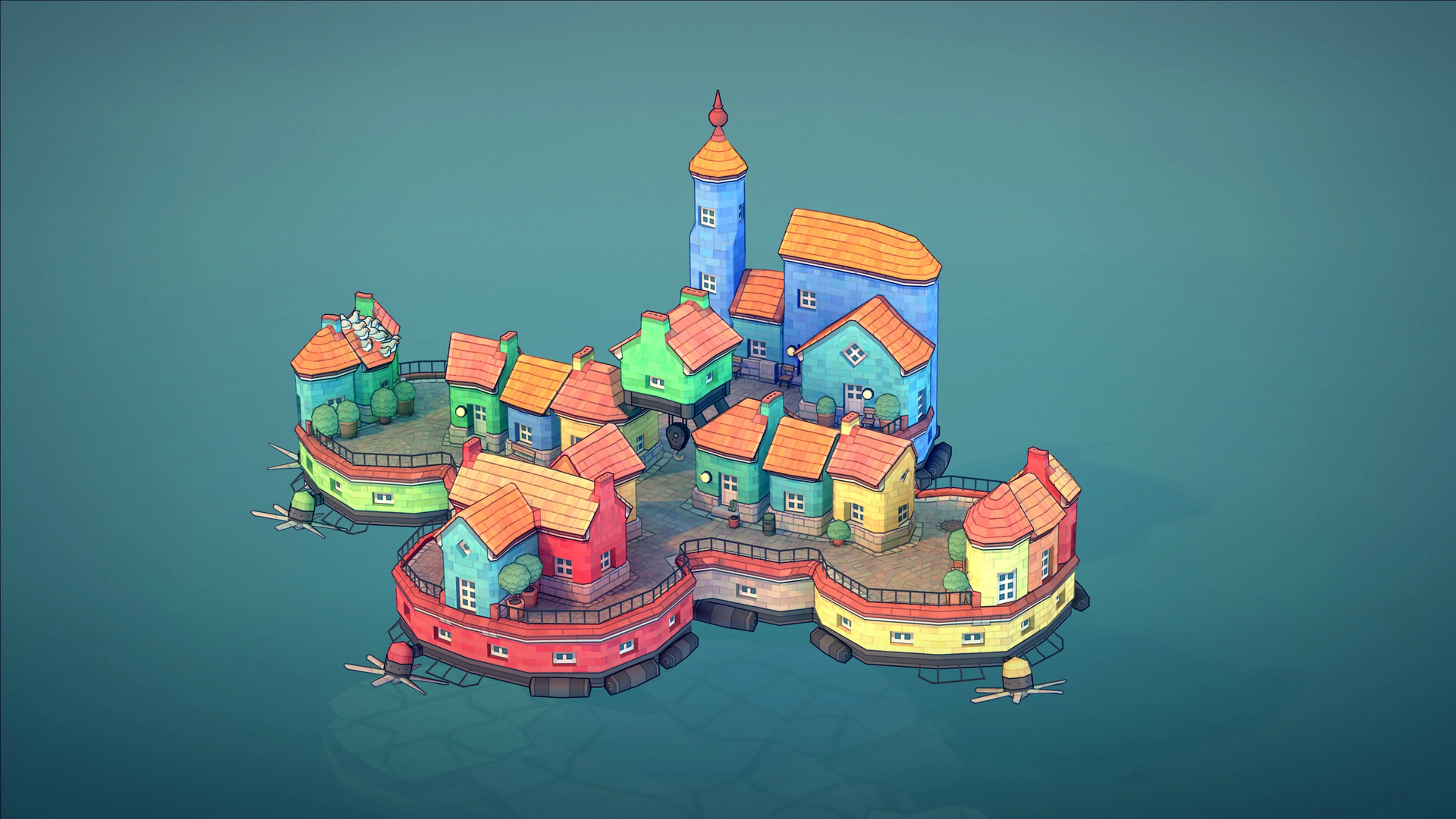 A small group of colorful houses stands above the water in Townscaper.