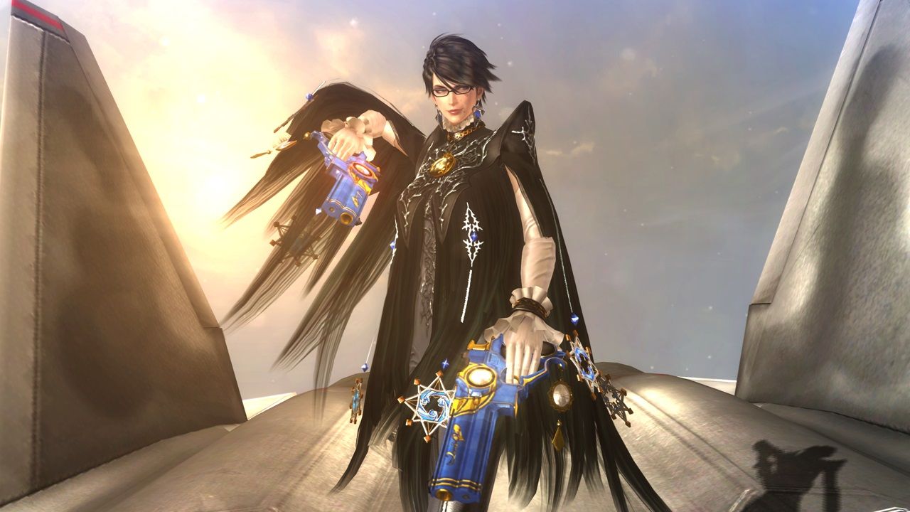 Bayonetta stands in a black outfit with a weapon as a winged figure appears behind her.