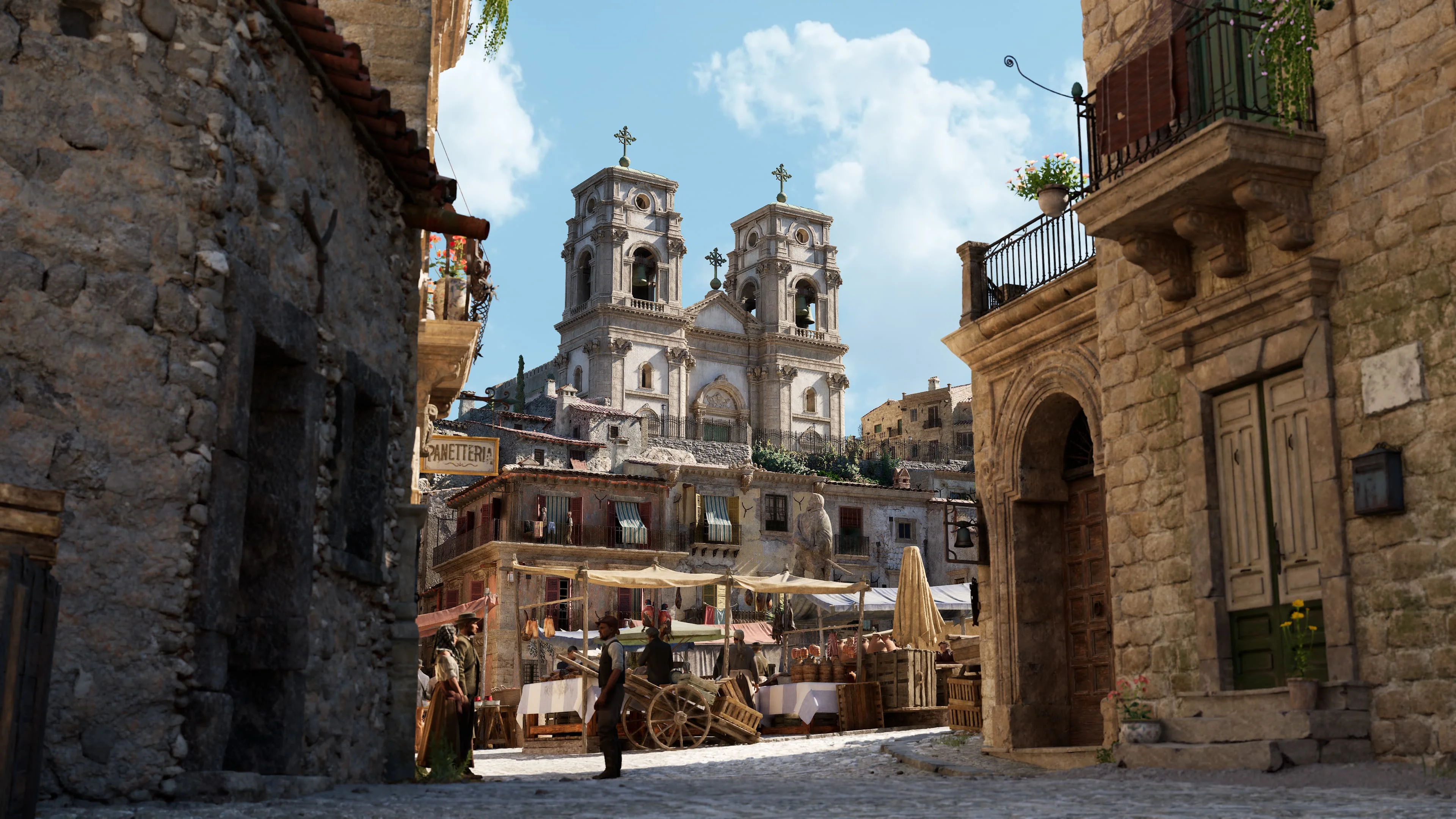 A bright Sicilian market sits beneath a church in an official Mafia: The Old Country screenshot.