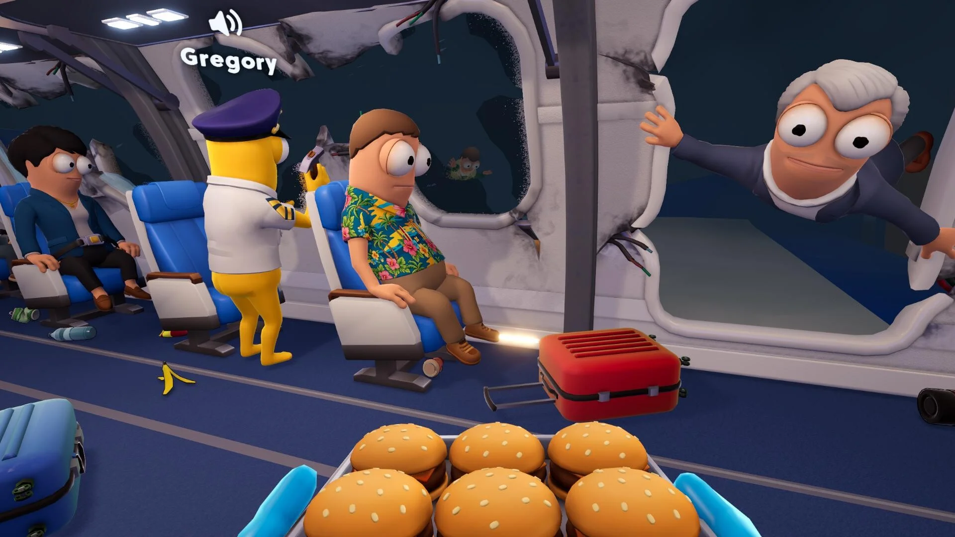 A crew member serves hamburgers while passengers sit inside a damaged airplane cabin in Dear Passengers.
