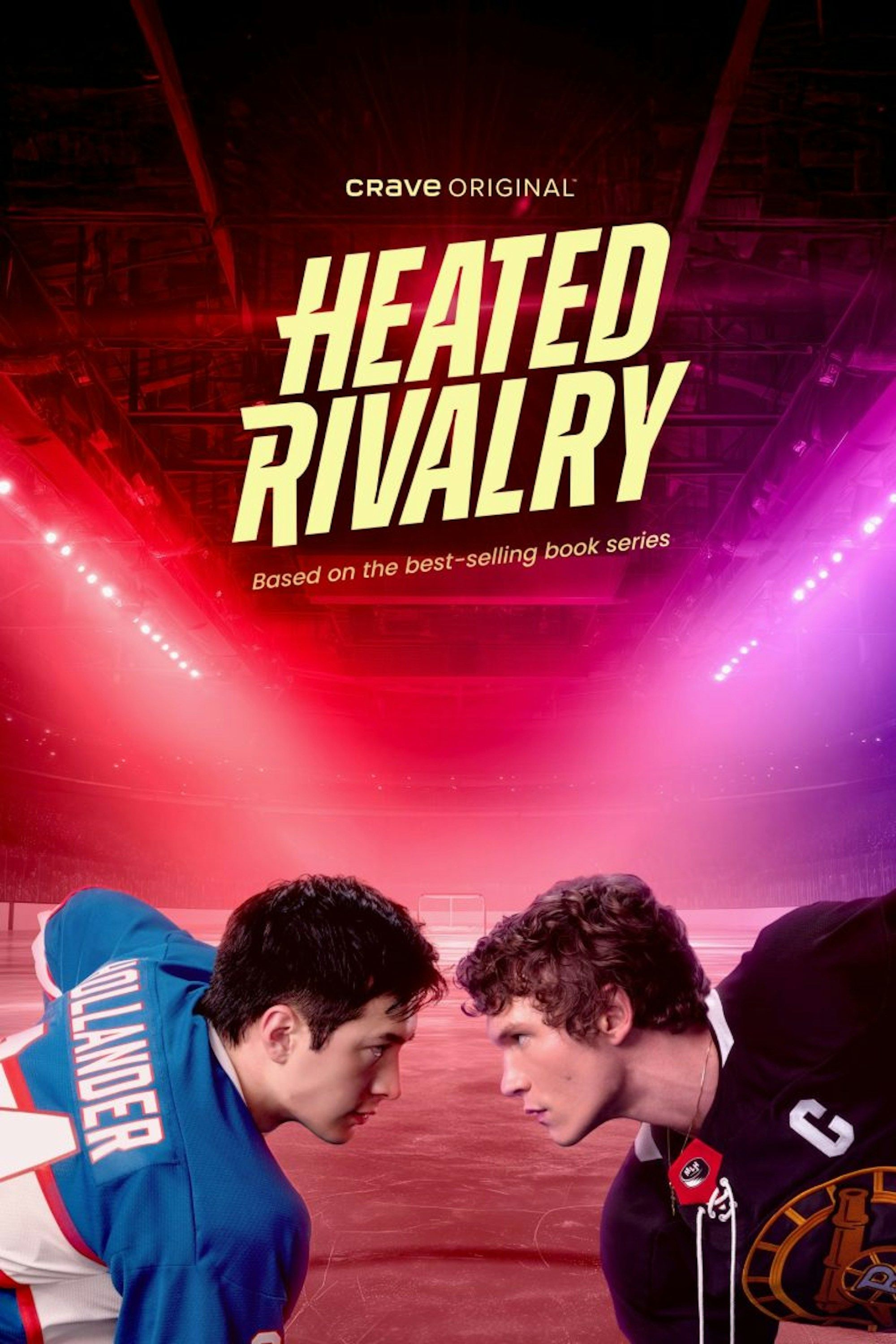 Heated Rivalry series poster showing Shane Hollander and Ilya Rozanov facing each other on the ice.
