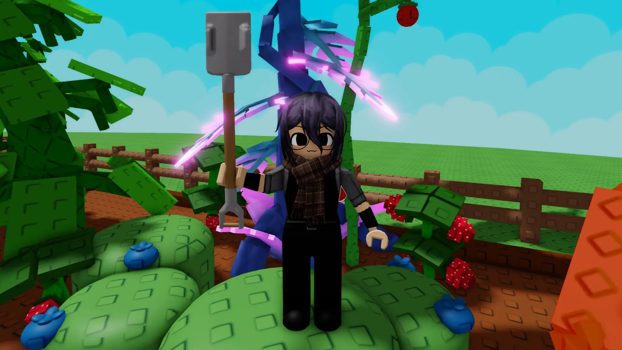 A centered Grow a Garden 2 player holding a shovel in a garden filled with crops.