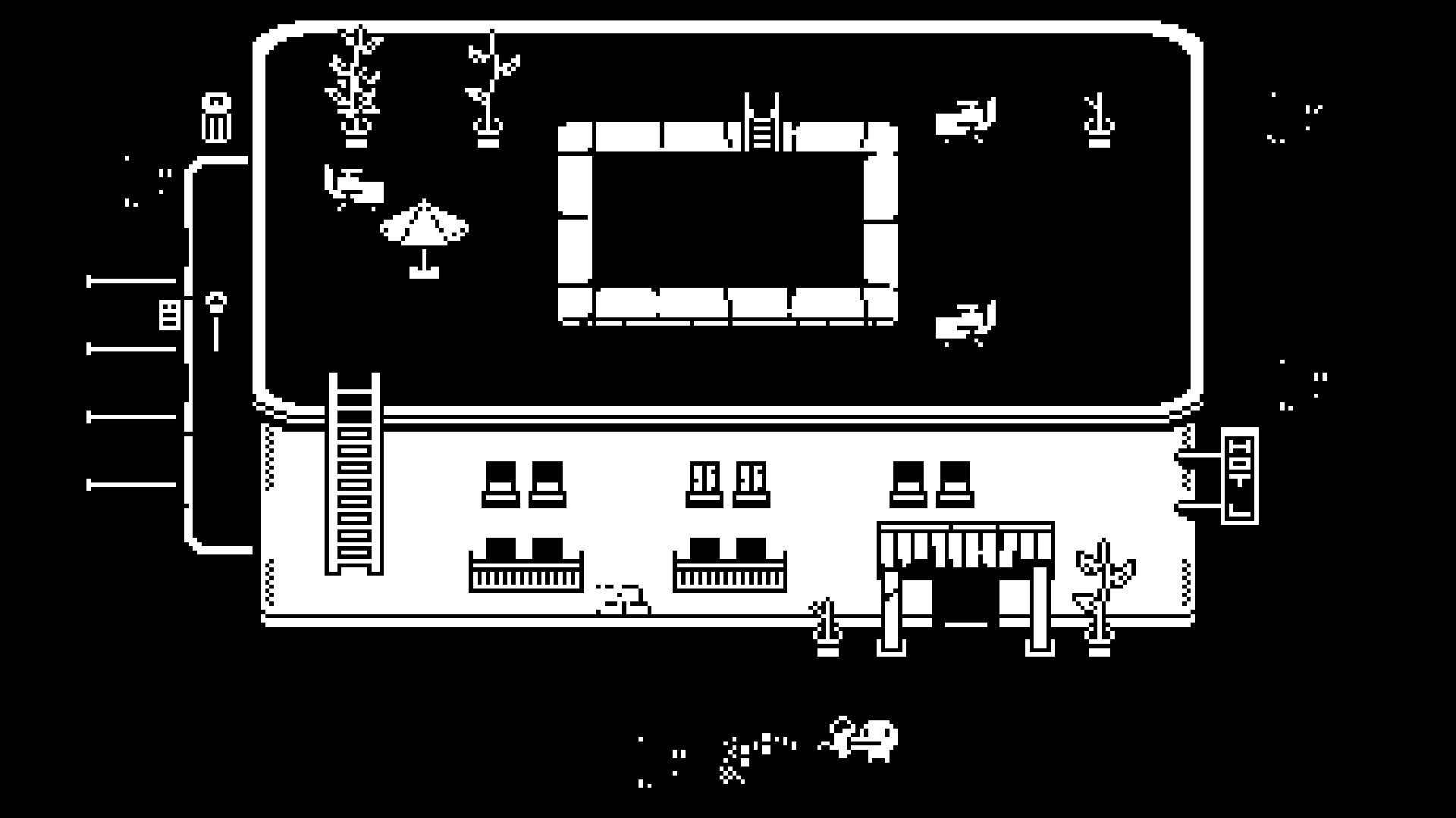 A town building, ladders, potted plants and surrounding paths illustrate how different screens connect.
