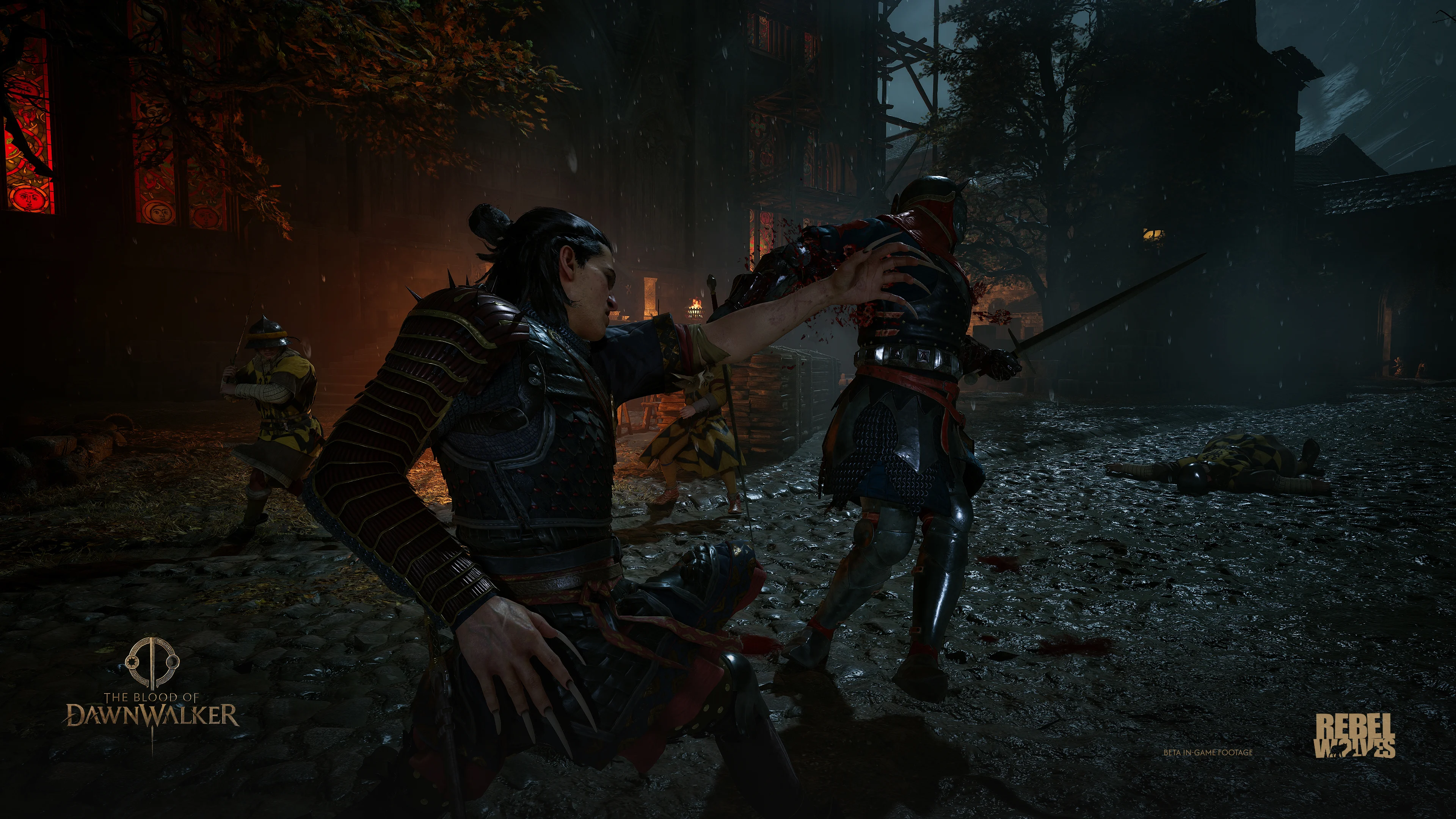 Official The Blood of Dawnwalker screenshot showing Coen using vampiric powers during a night fight.