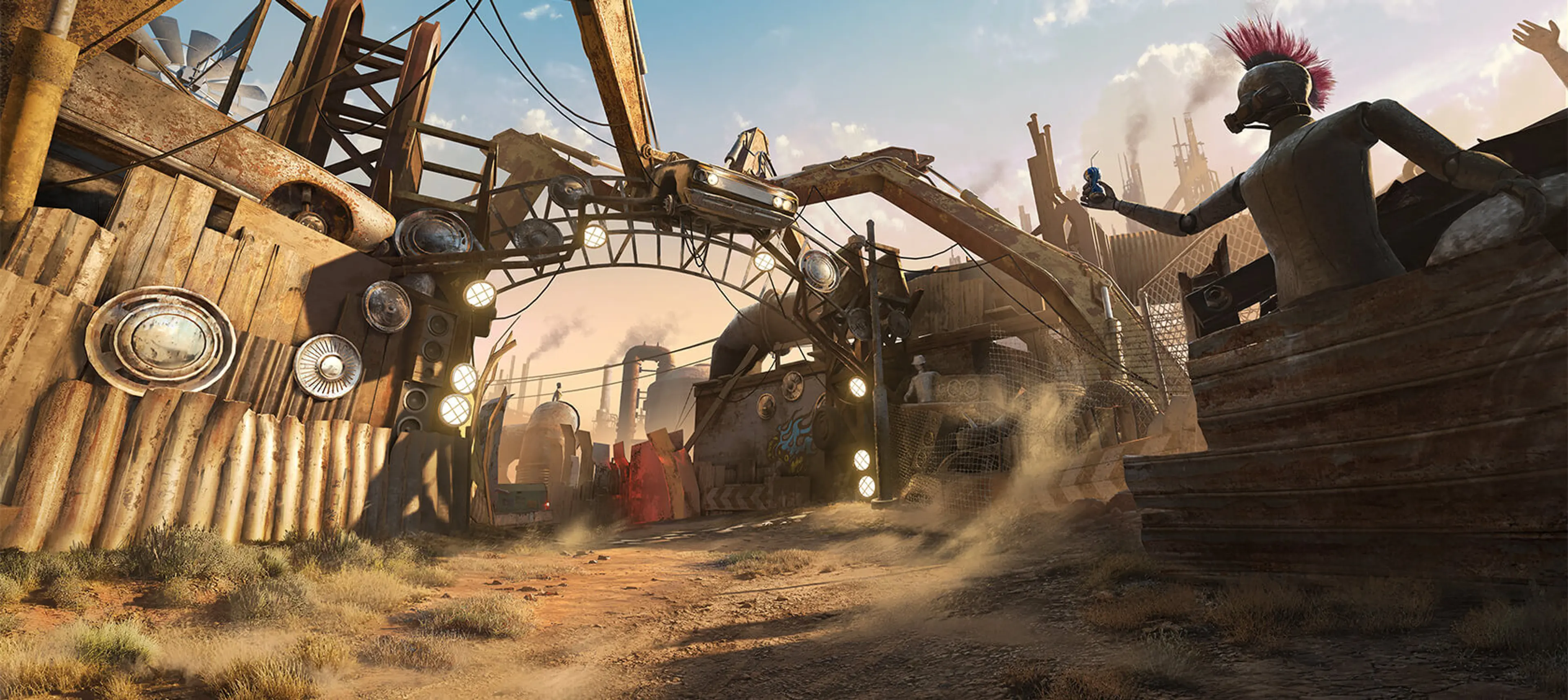 A dusty drone-racing course winds through scrap-metal arches and wrecked cars in the Wasteland Circuit.