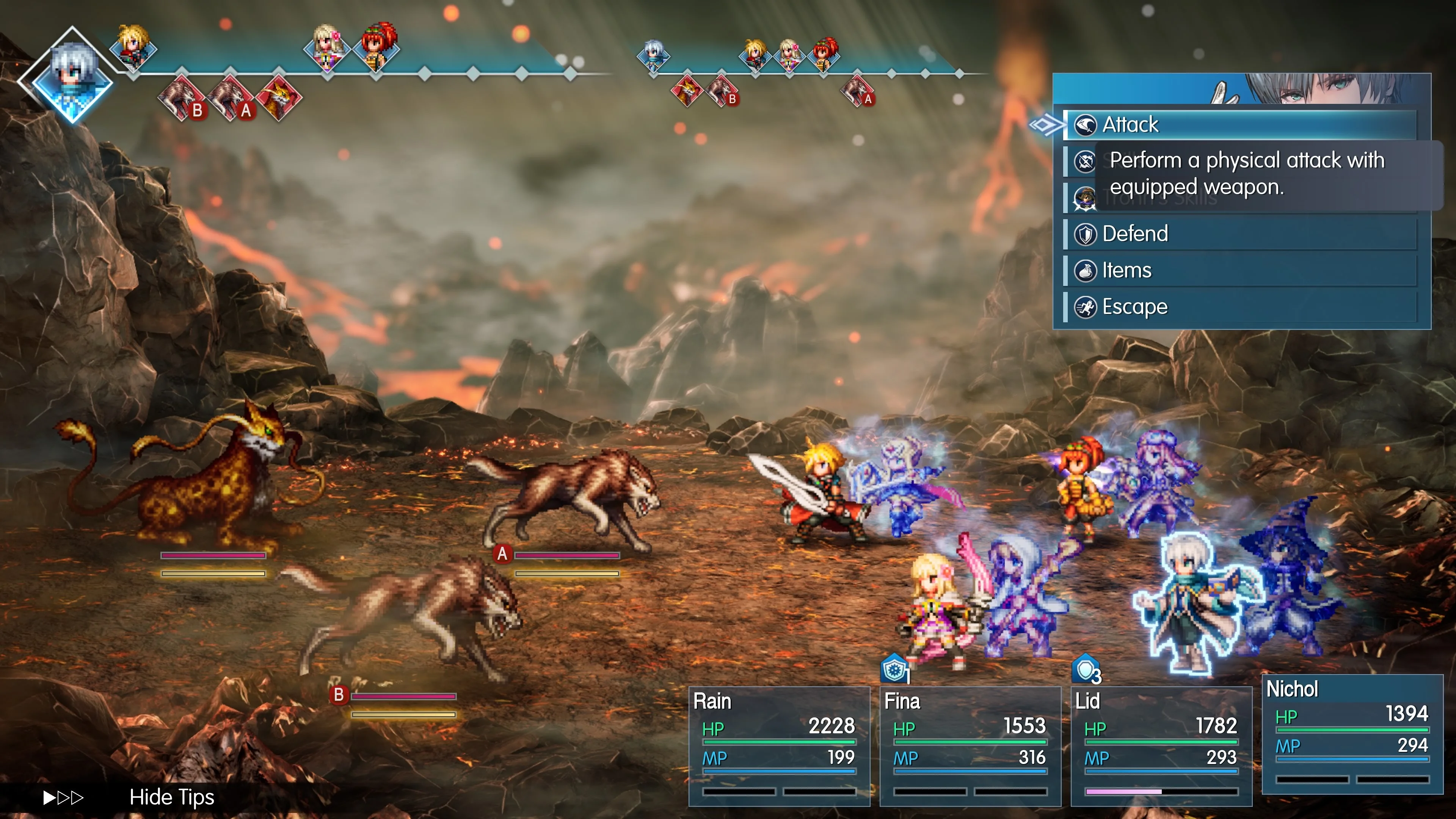 Rain and his party face monsters in a turn-based battle in Final Fantasy Resonance.