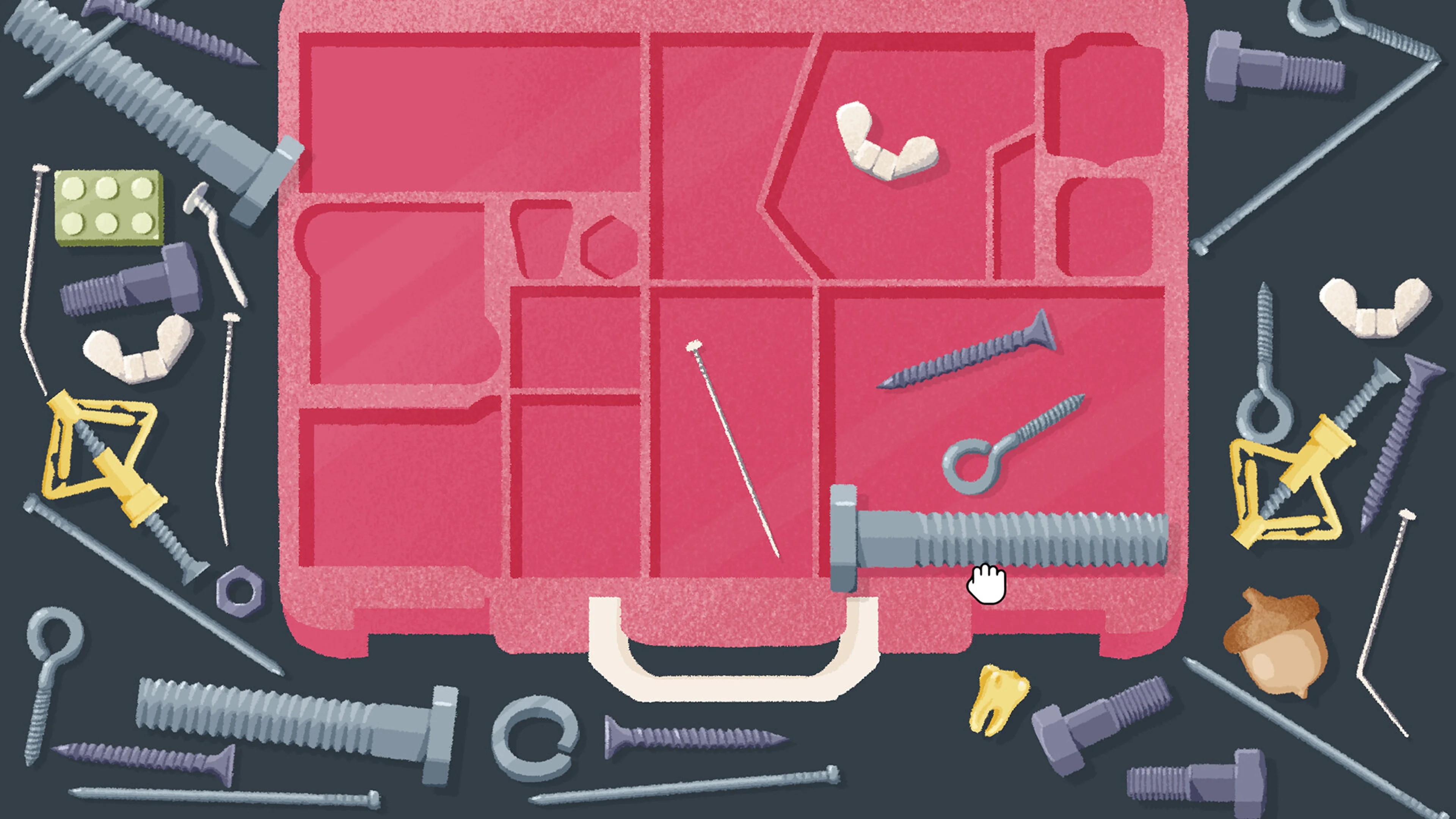 Screws, nuts and other small hardware arranged around a pink organizer in A Little to the Left.