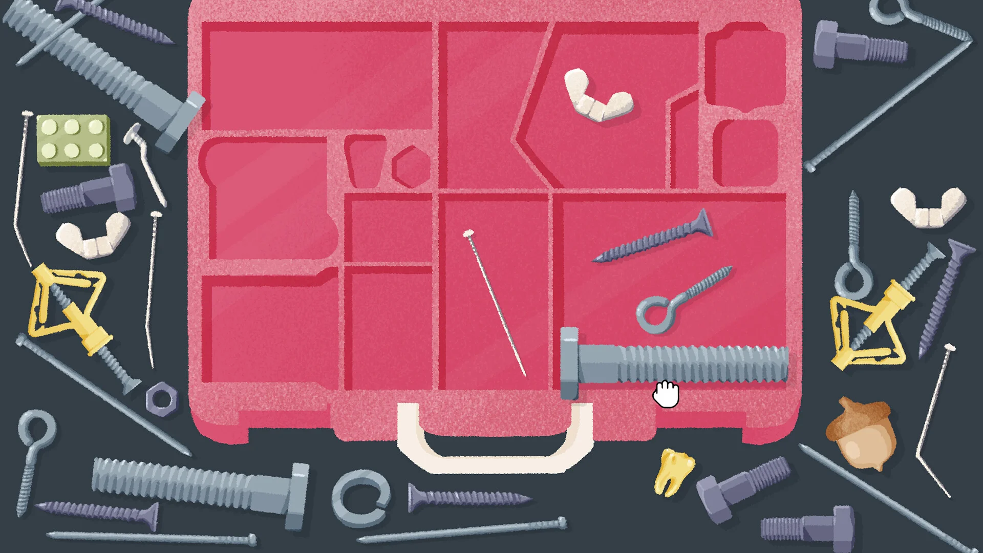 Screws, nuts and other small hardware arranged around a pink organizer in A Little to the Left.