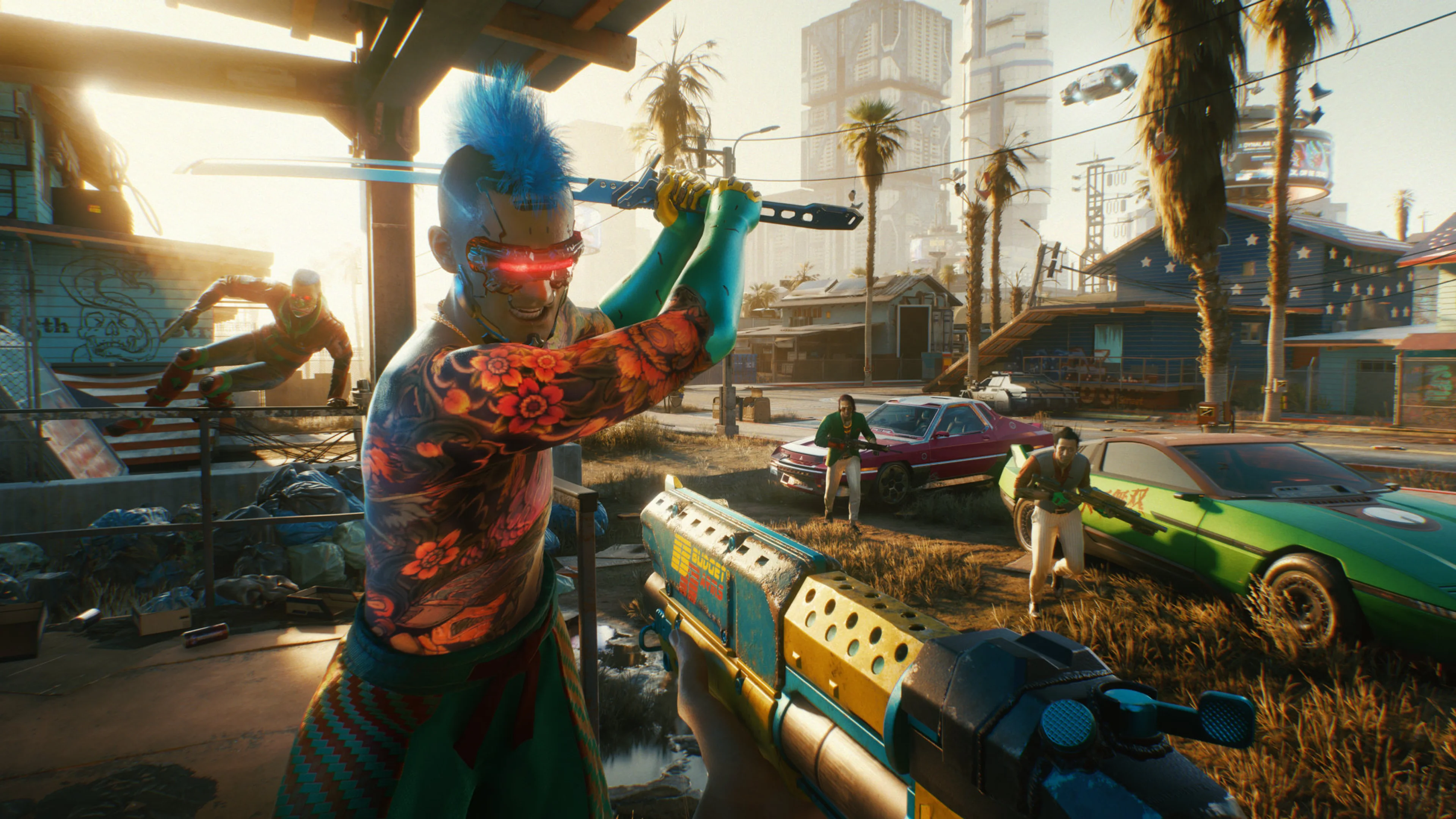 V aims a shotgun at enemies during a bright daytime Cyberpunk 2077 combat encounter.