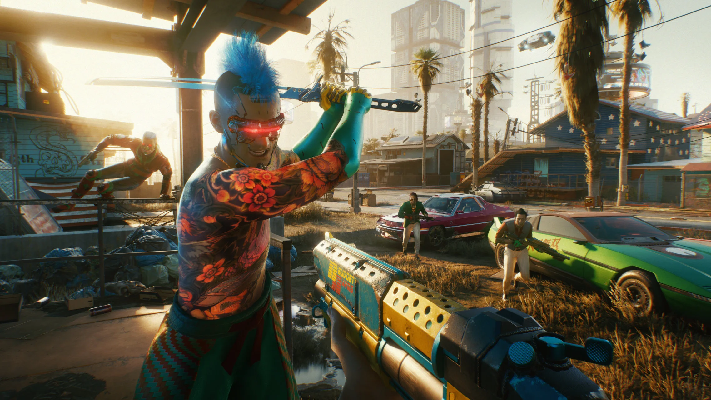 V aims a shotgun at enemies during a bright daytime Cyberpunk 2077 combat encounter.