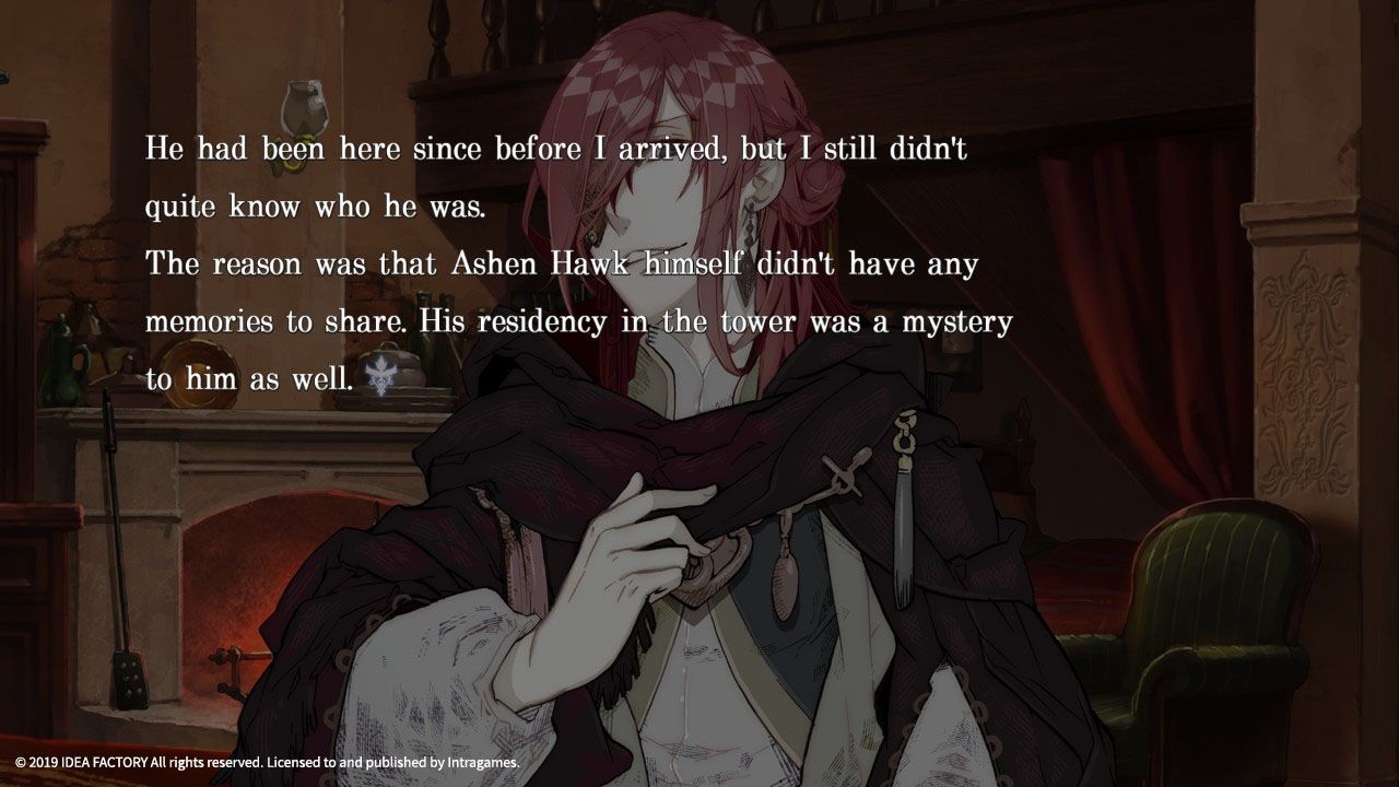 A red-haired hooded character stands indoors in Psychedelica of the Ashen Hawk.
