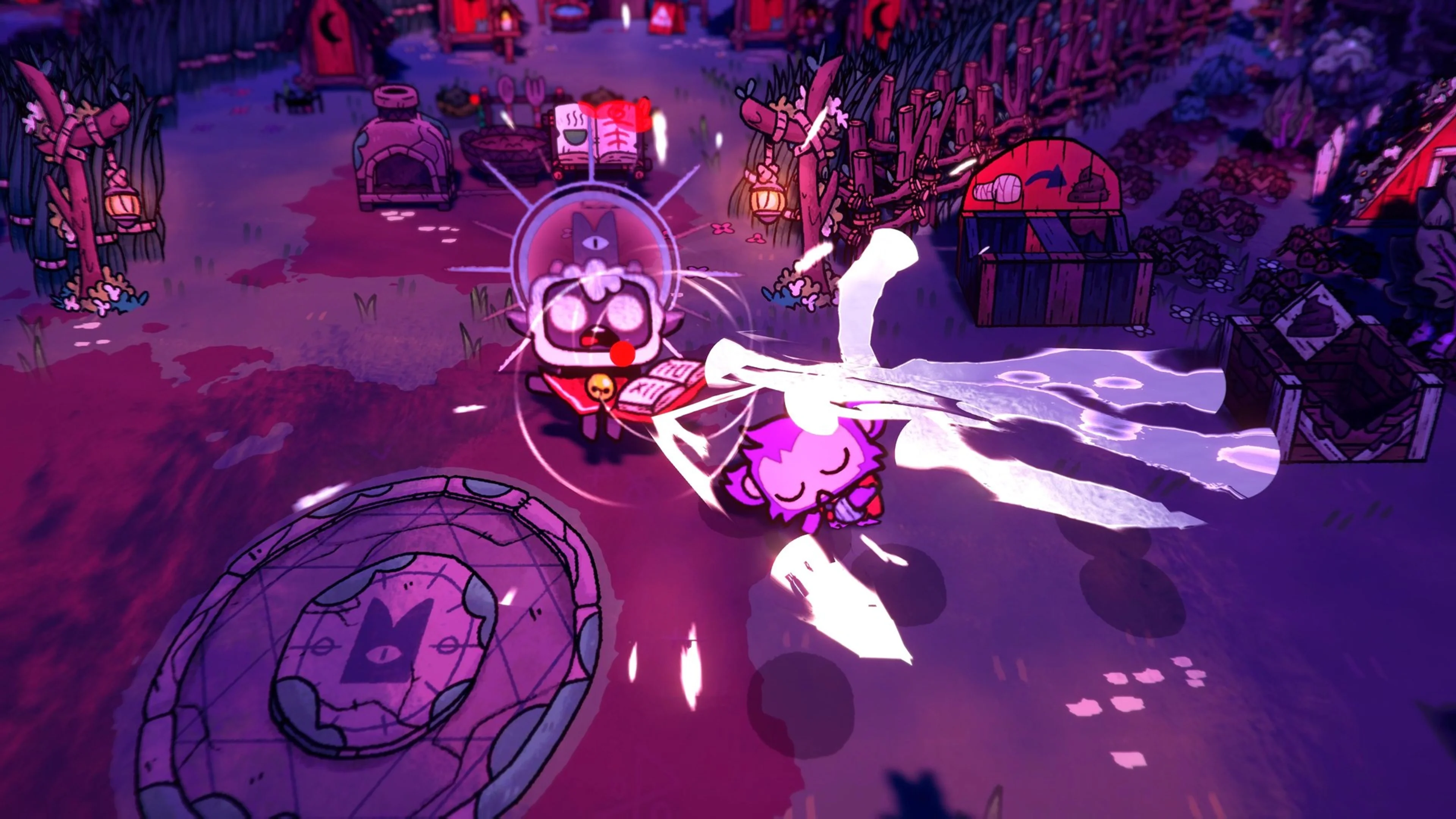 The lamb fights enemies in a dark dungeon in Cult of the Lamb.