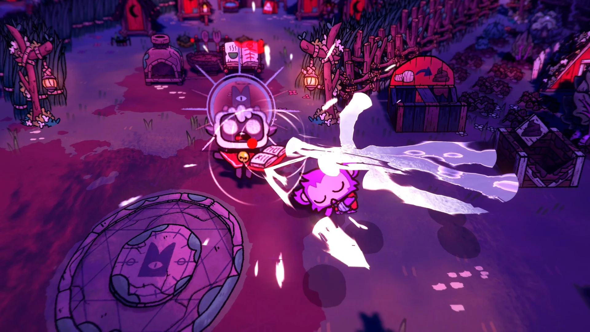 The lamb fights enemies in a dark dungeon in Cult of the Lamb.