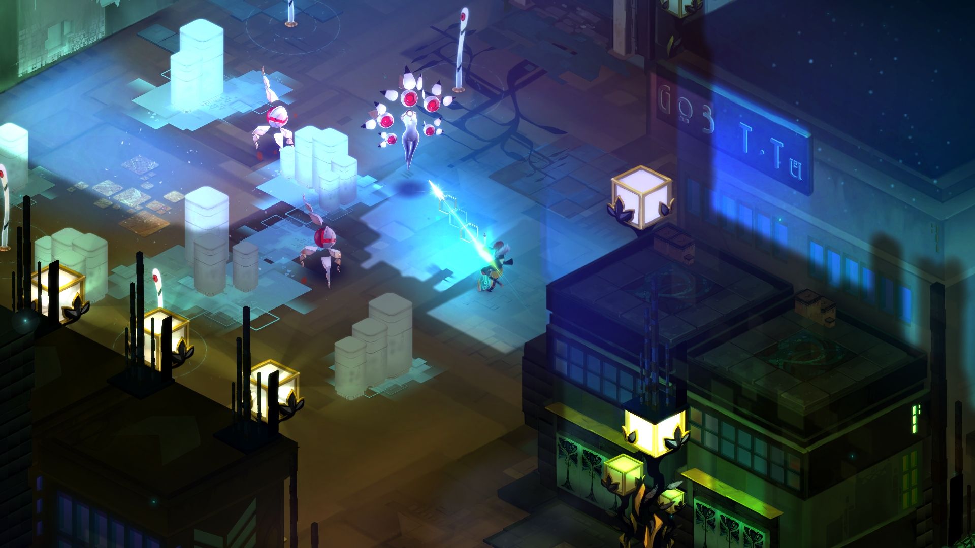 Red faces several glowing enemies across a blue-lit isometric street in Cloudbank.