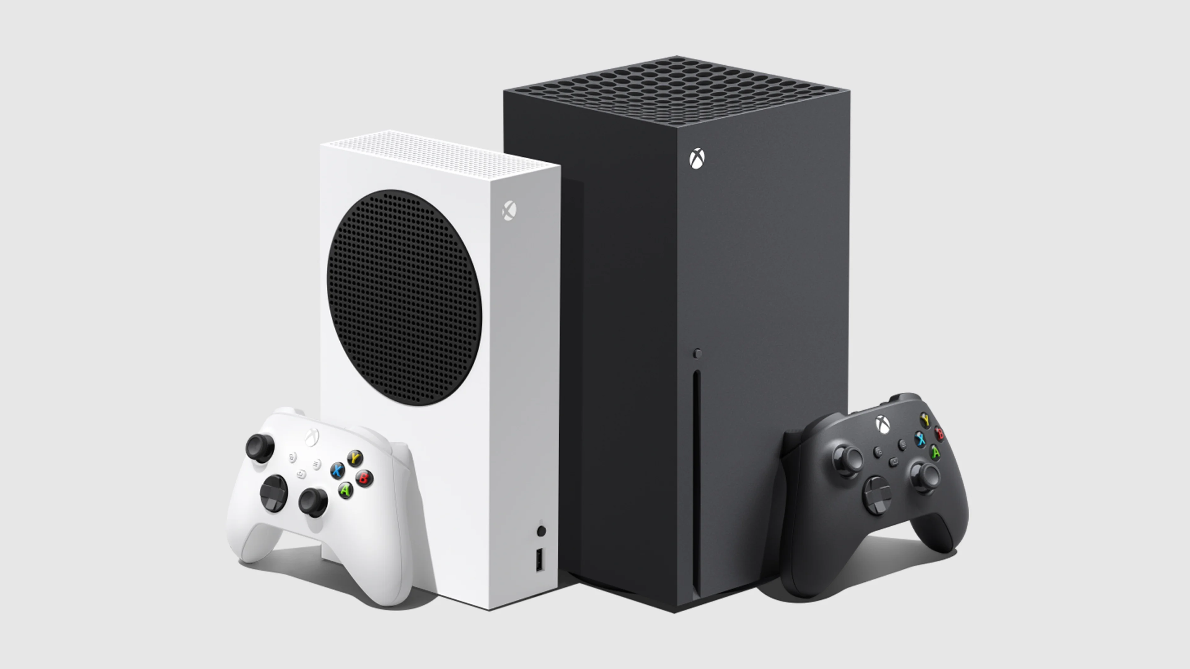 Xbox Series S and Xbox Series X consoles stand beside their controllers.