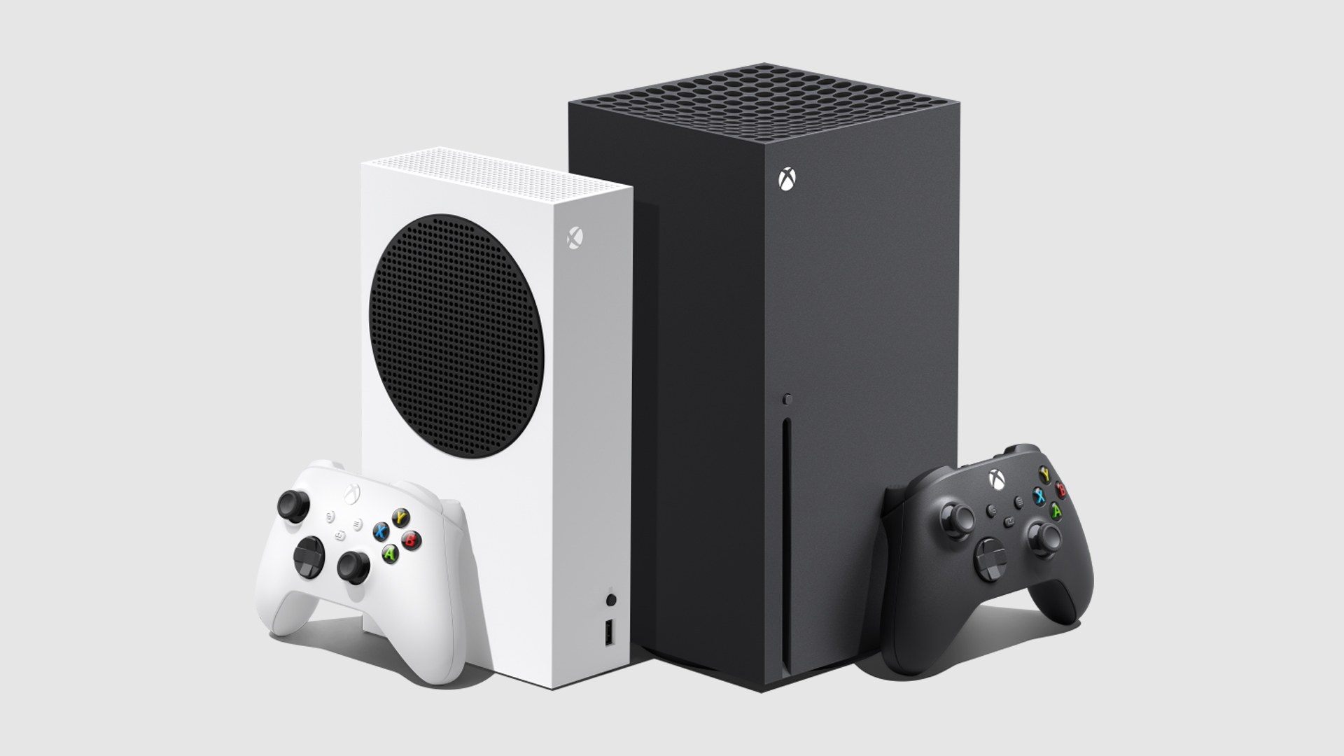 Xbox Series S and Xbox Series X consoles stand beside their controllers.