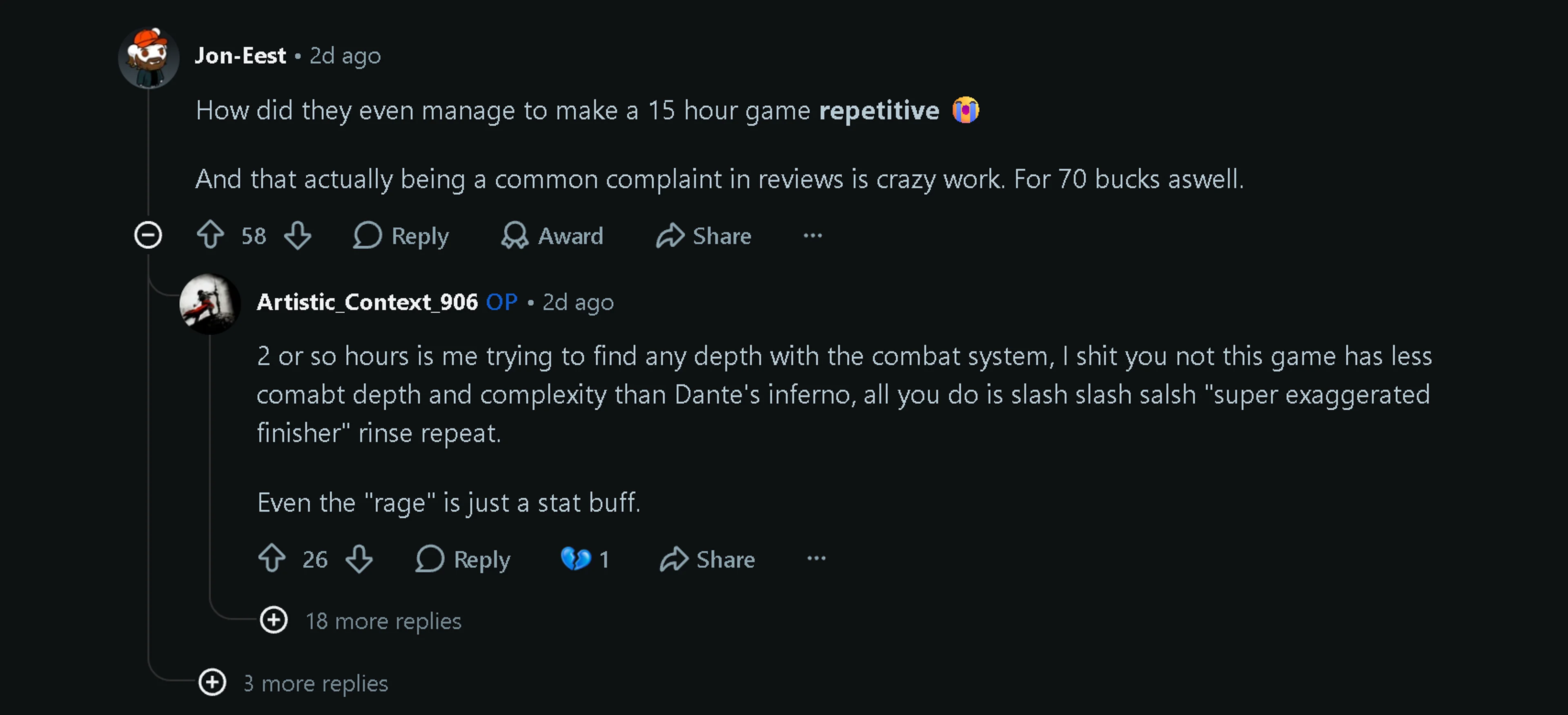 Reddit comments criticizing Marvel’s Wolverine for repetition, price and limited combat depth.