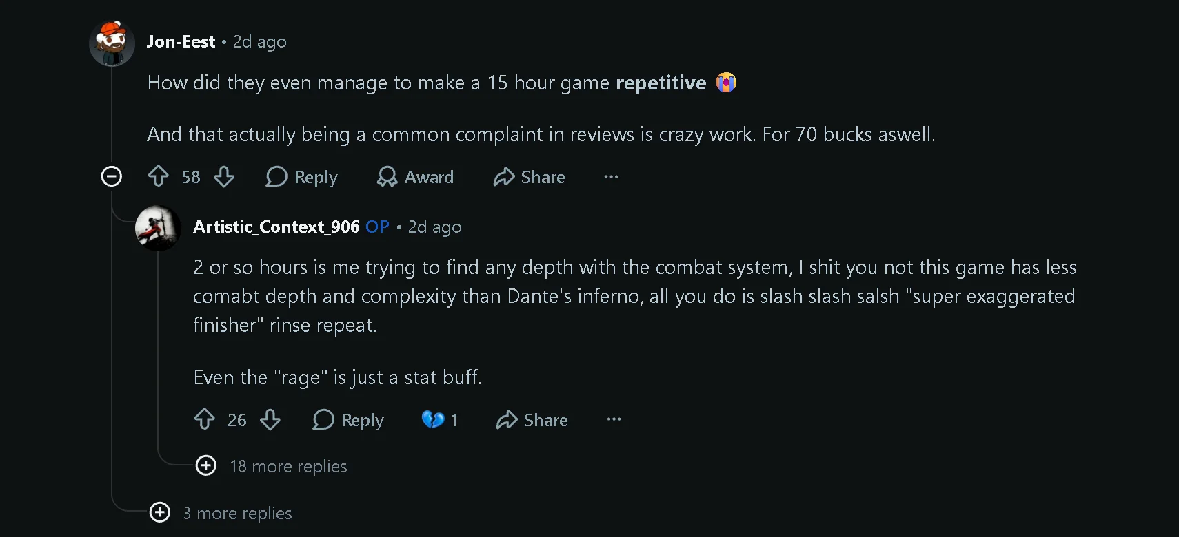 Reddit comments criticizing Marvel’s Wolverine for repetition, price and limited combat depth.