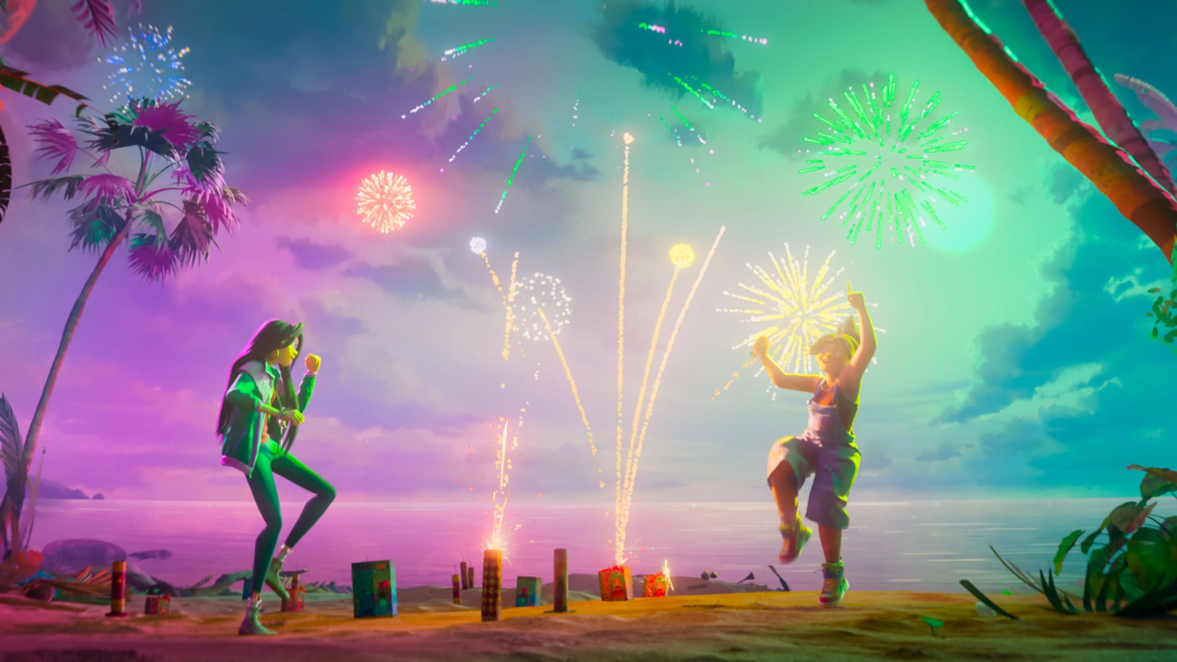 Jo and Raissa celebrate beneath colorful fireworks on the island.