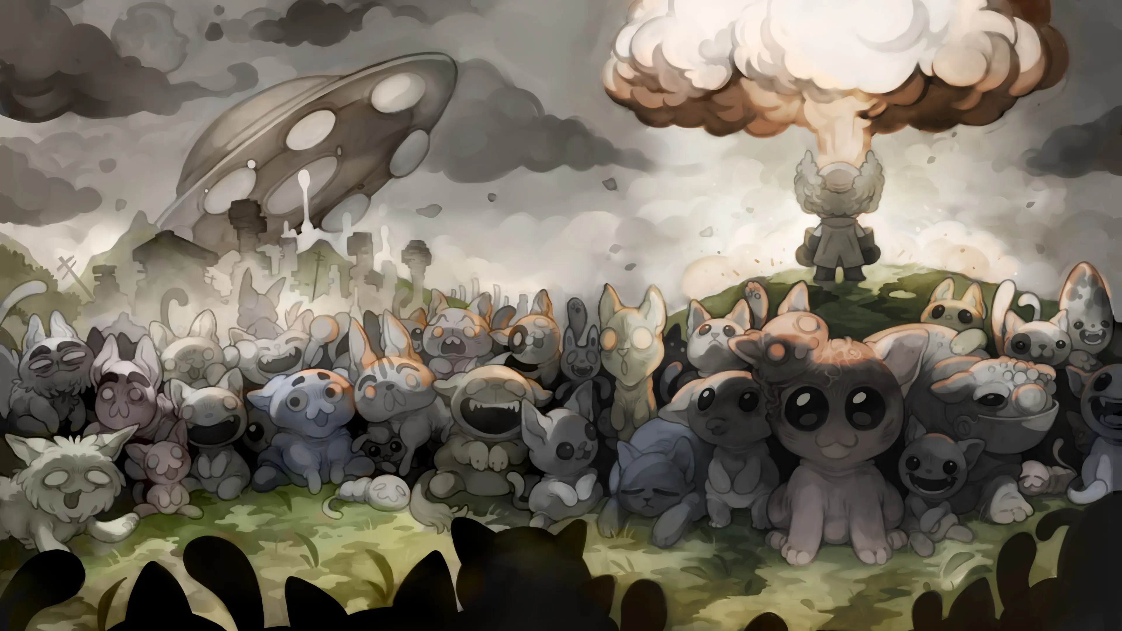 A crowd of differently shaped cats faces a ruined city, flying craft, and a distant mushroom cloud in Mewgenics.