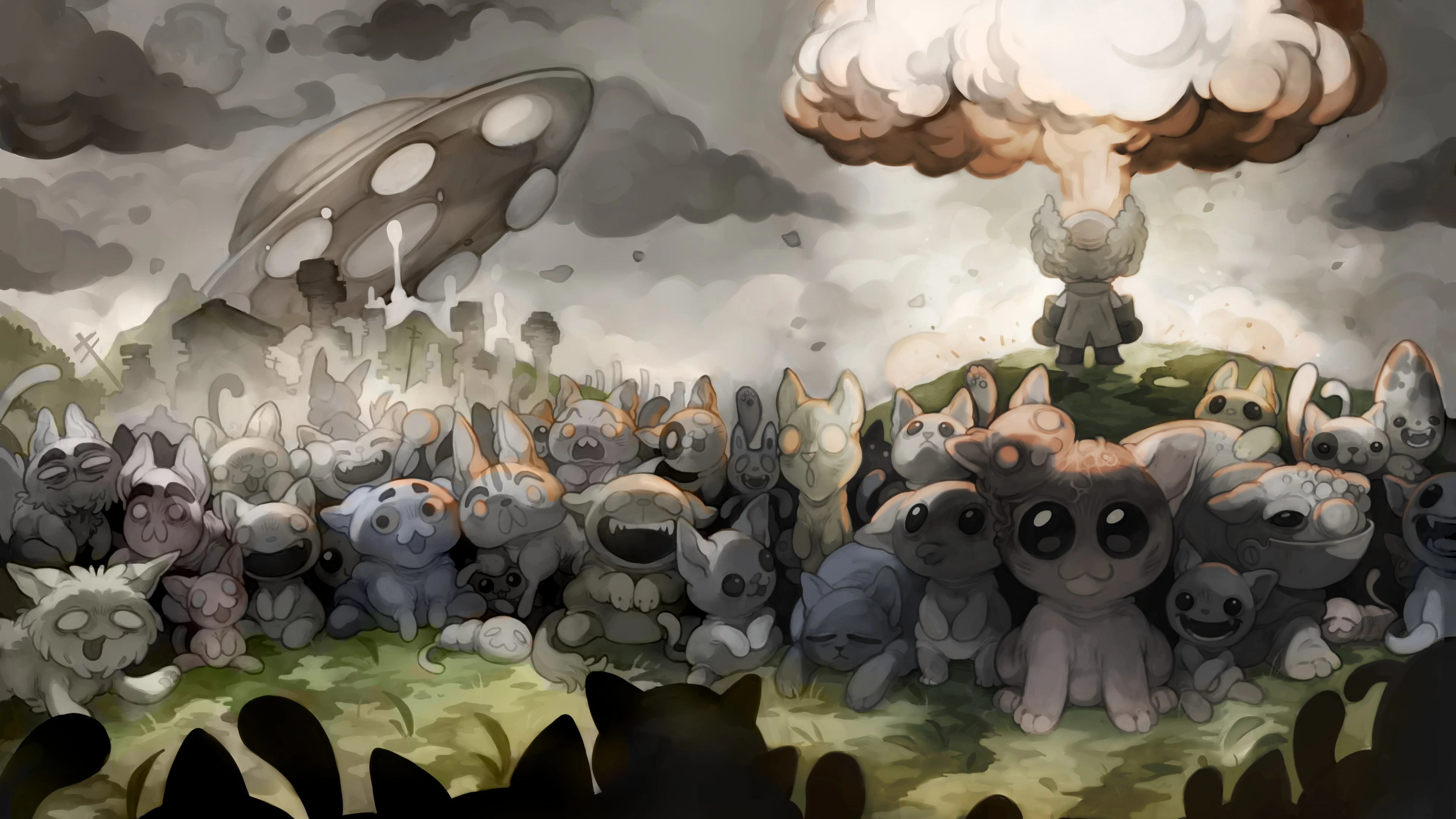A crowd of differently shaped cats faces a ruined city, flying craft, and a distant mushroom cloud in Mewgenics.
