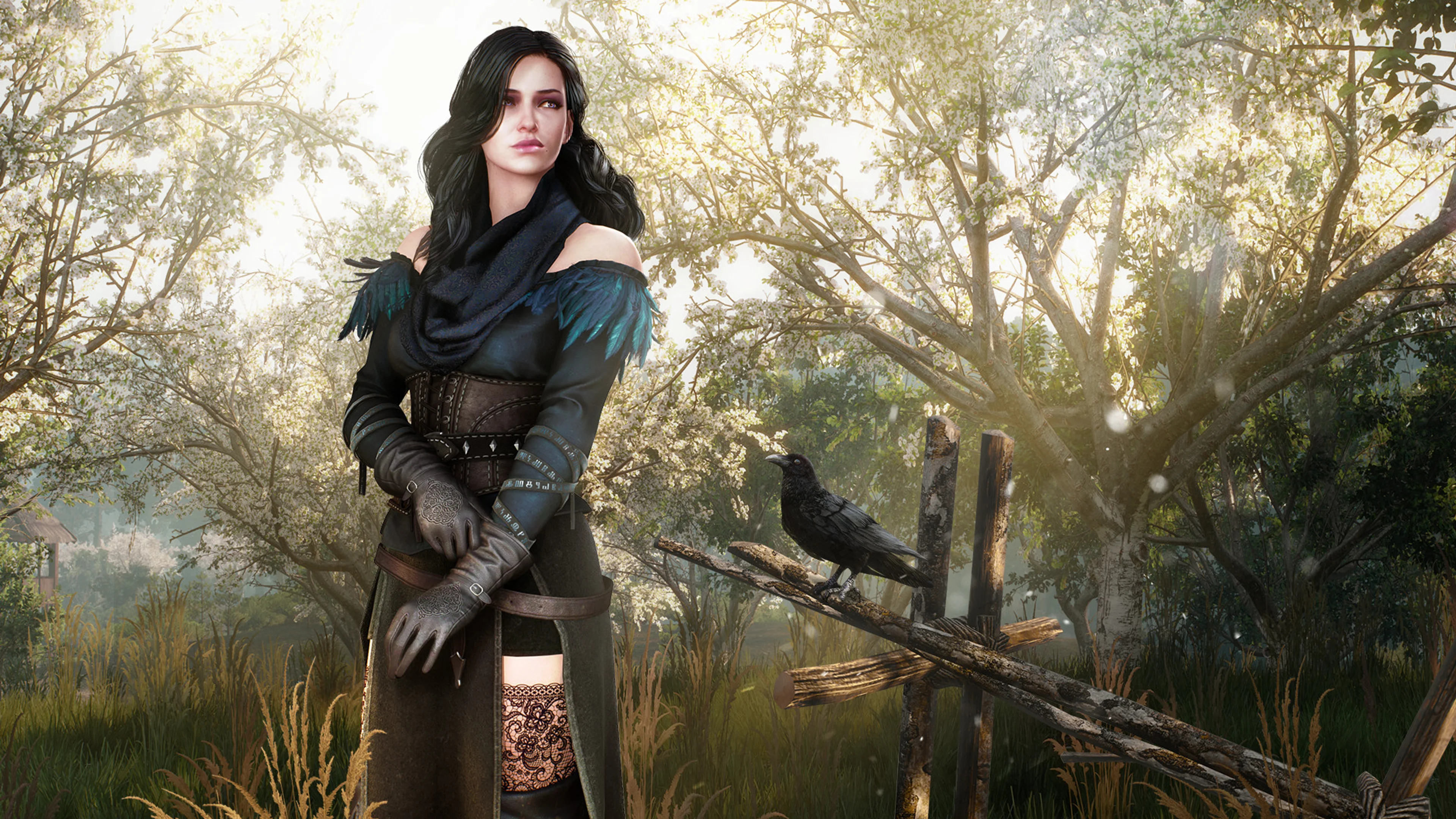 Yennefer of Vengerberg stands in a sunlit field in The Witcher 3: Wild Hunt.