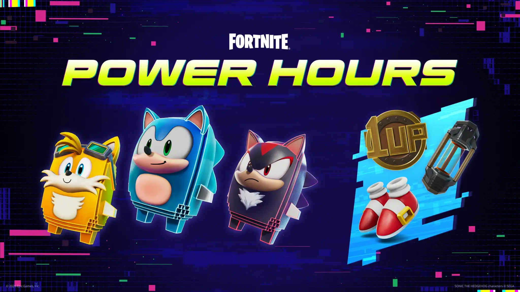 Sonic, Tails, and Shadow Sprite variants featured during Fortnite’s August 29 Power Hours.