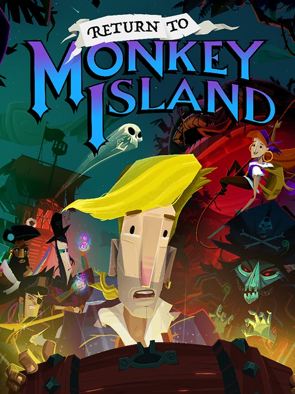 Official Return to Monkey Island poster with Guybrush Threepwood, pirates, tropical colors, and the title.