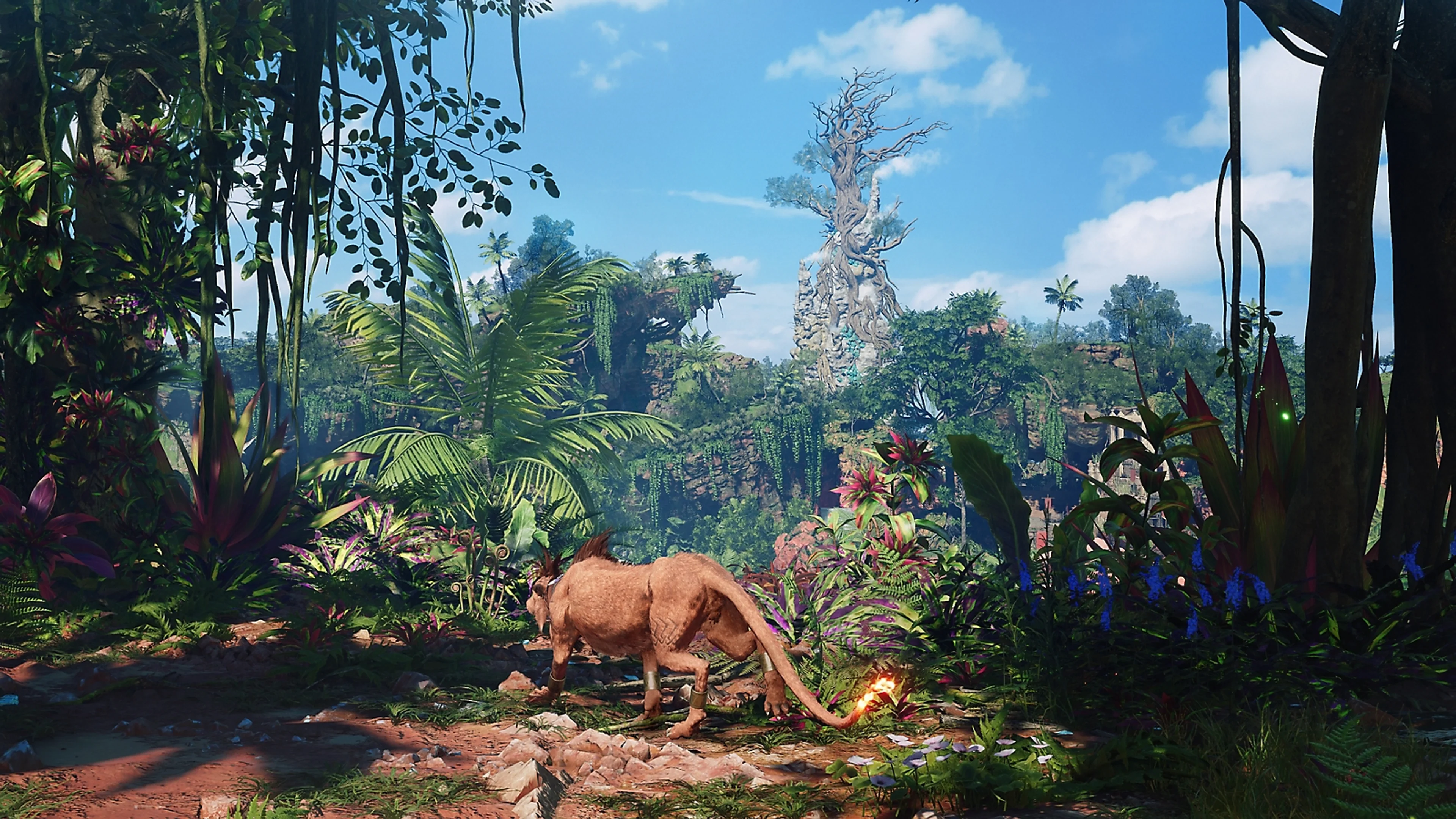 Red XIII walks through a green jungle in Final Fantasy VII Revelation.