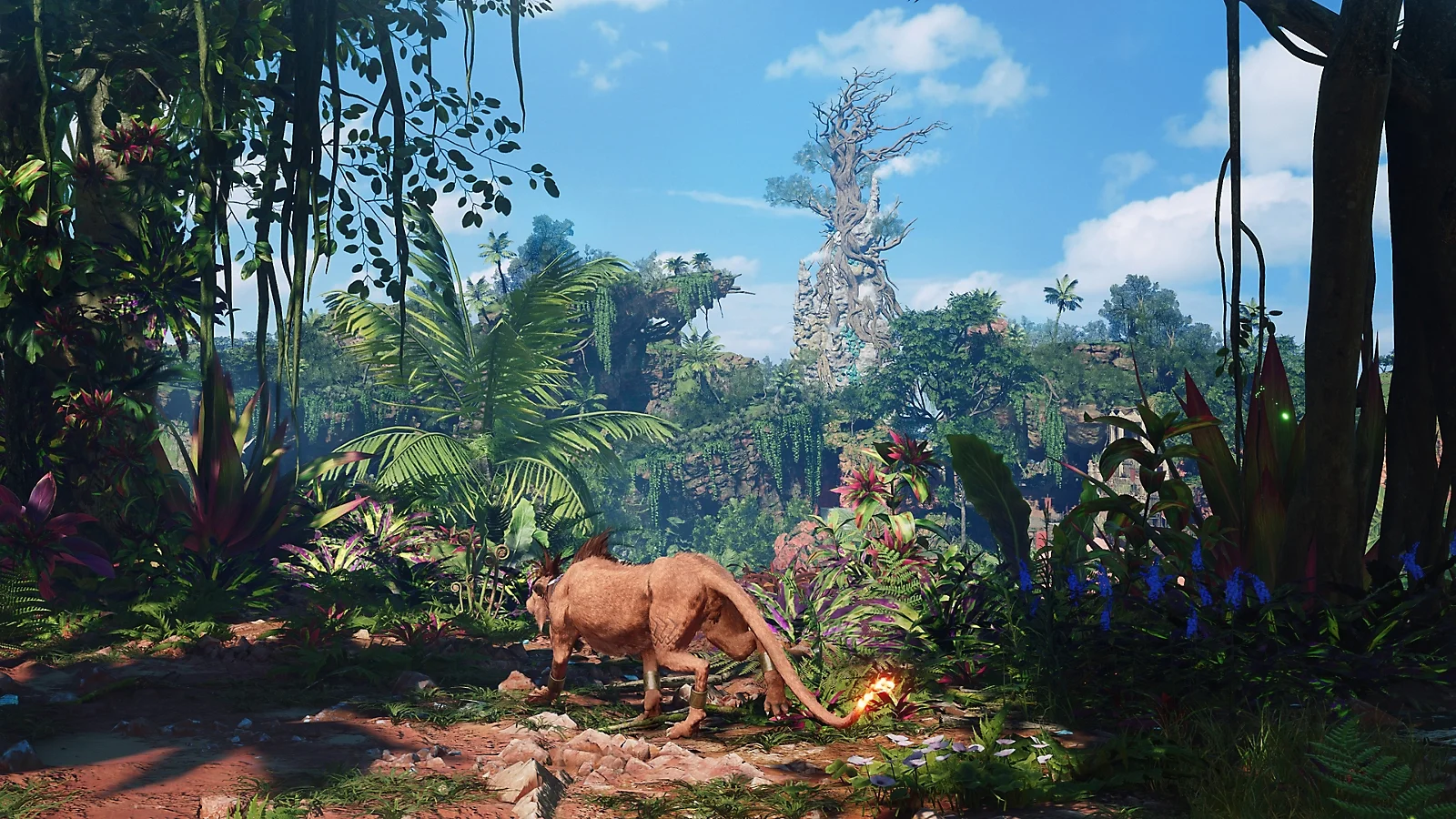 Red XIII walks through a green jungle in Final Fantasy VII Revelation.