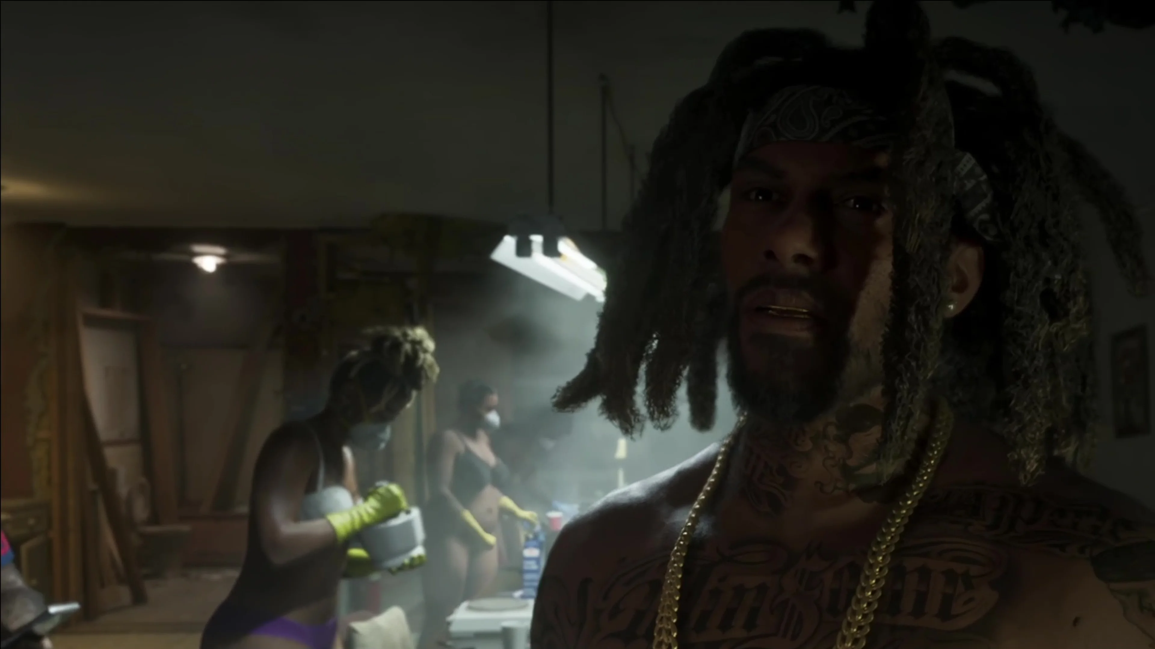 A character looks toward the camera during a crowded nighttime scene in official Grand Theft Auto VI footage.