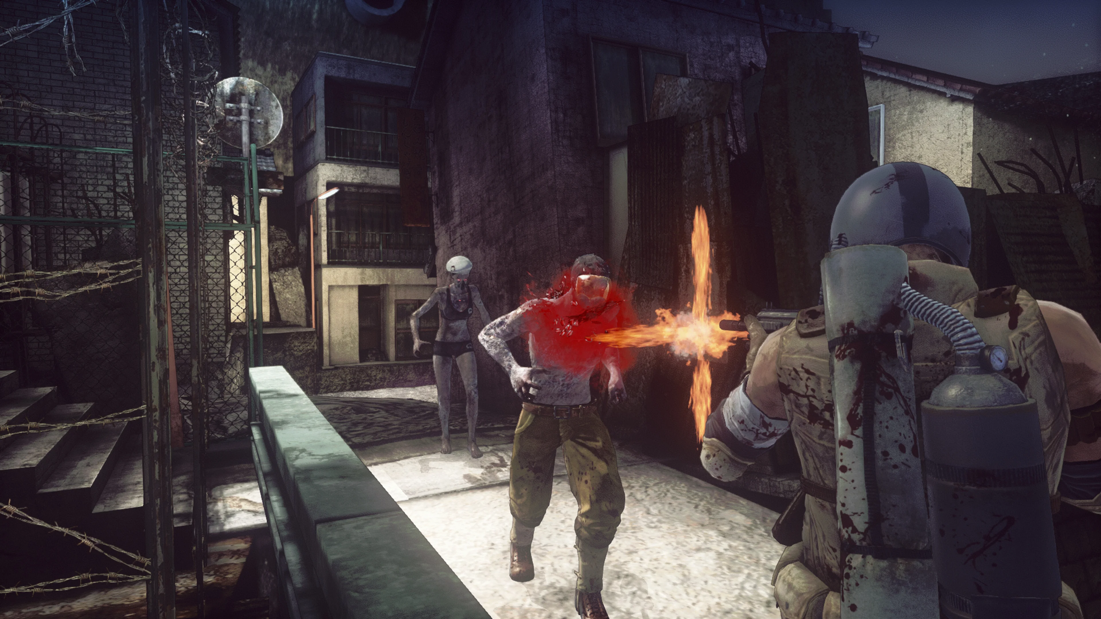 A fighter uses a flamethrower against enemies in a ruined district in LET IT DIE.