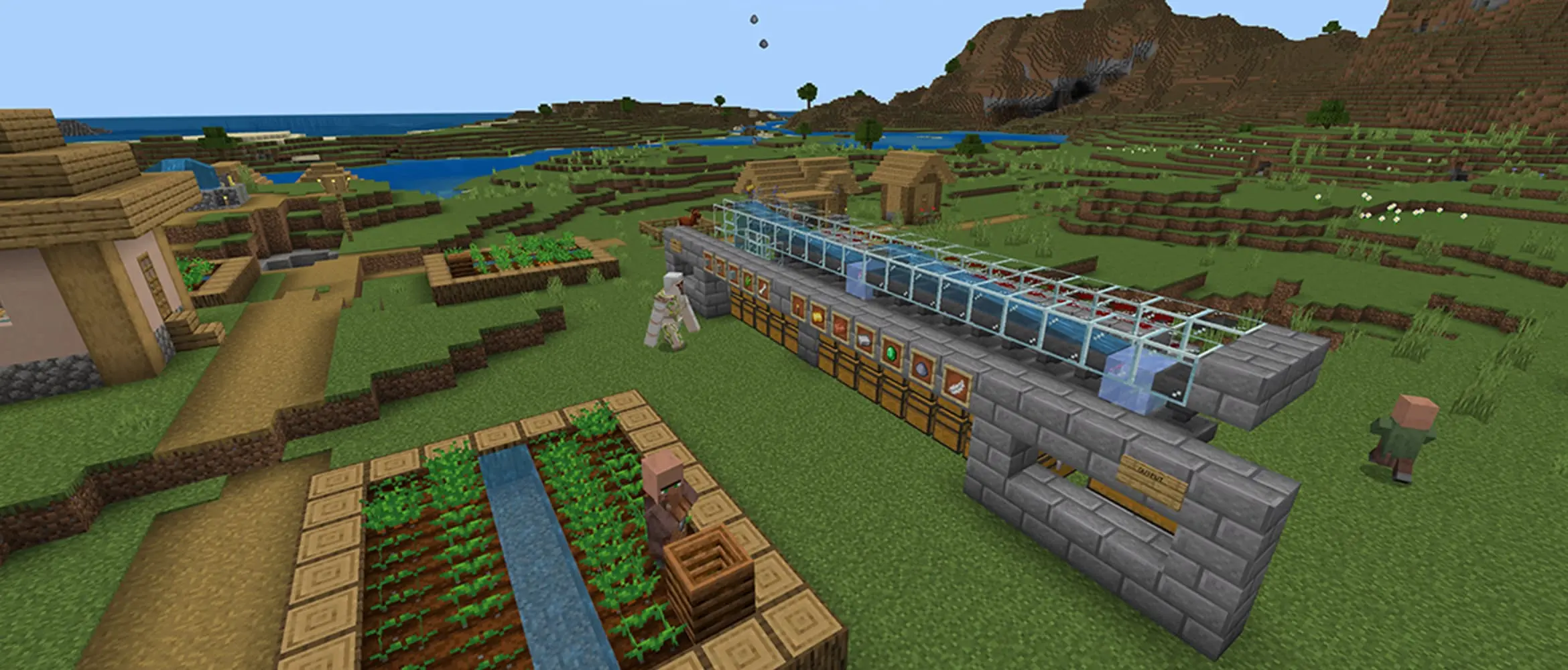 A large working redstone sorting system built beside a Minecraft village.