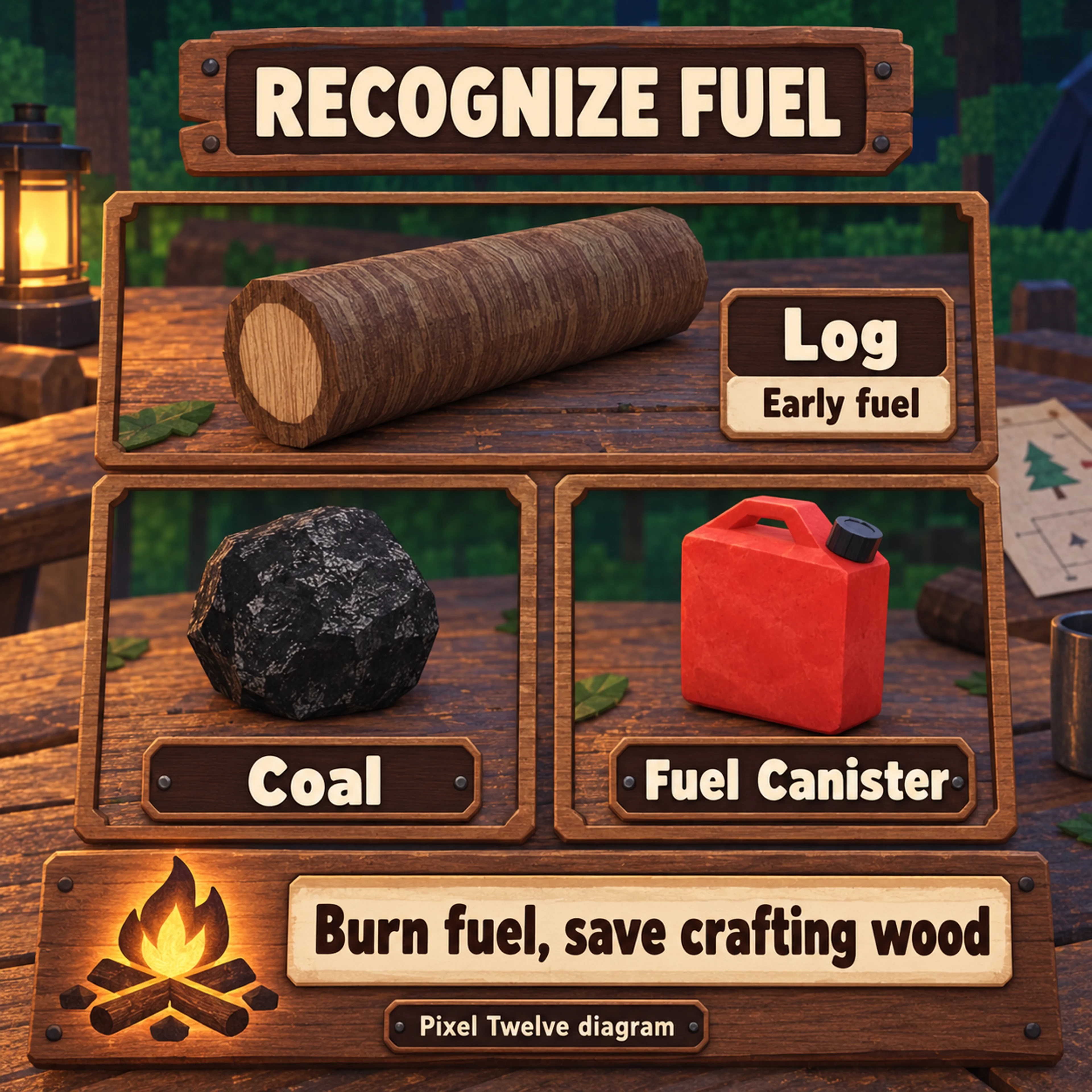 A brown round Log, black uneven Coal lump and red Fuel Canister with top handle and black cap.