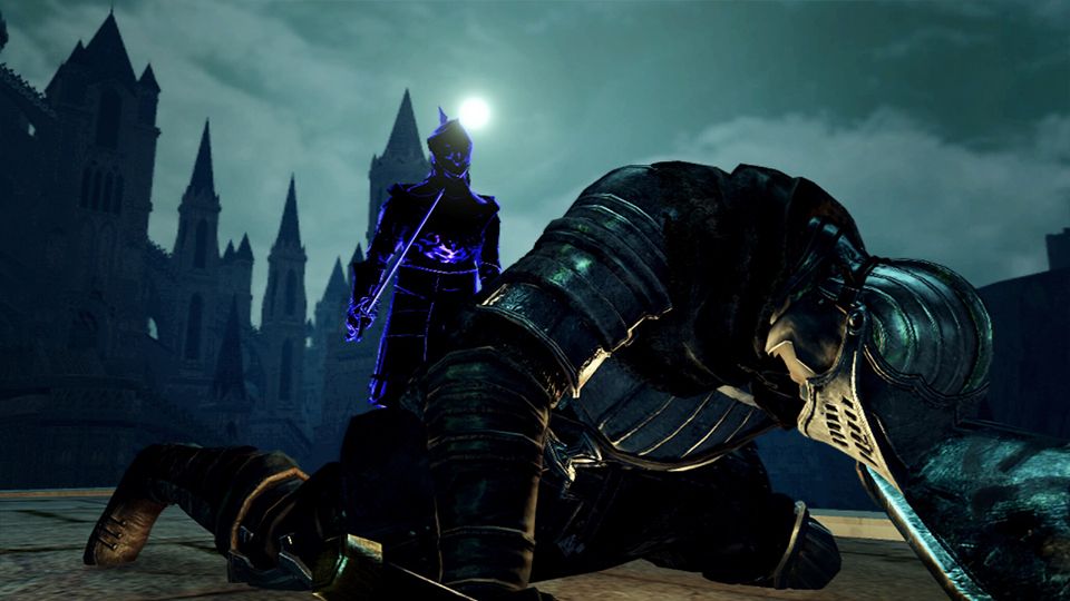 An armored adventurer kneels in front of a blue glowing phantom near stone buildings.